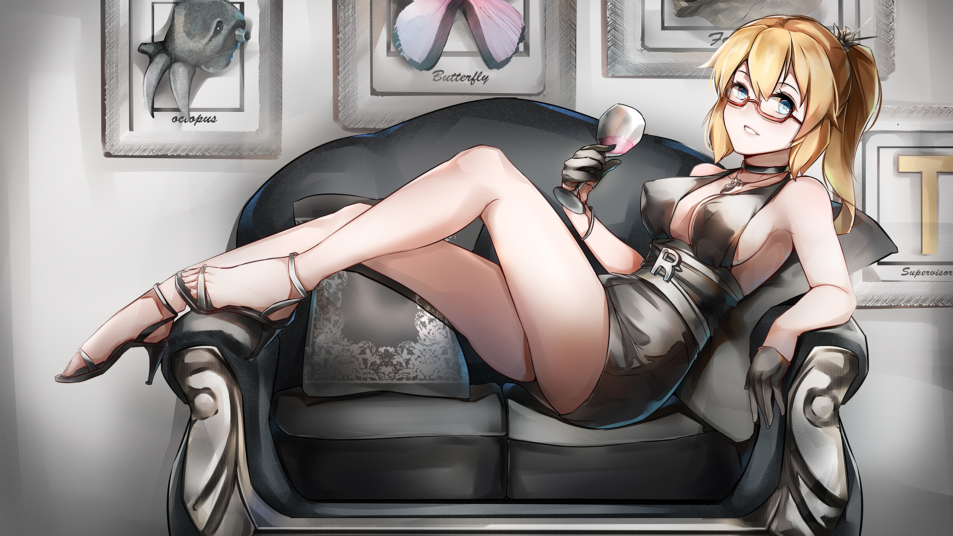 Anime 1920x1080 blonde legs cleavage choker gloves drinking glass