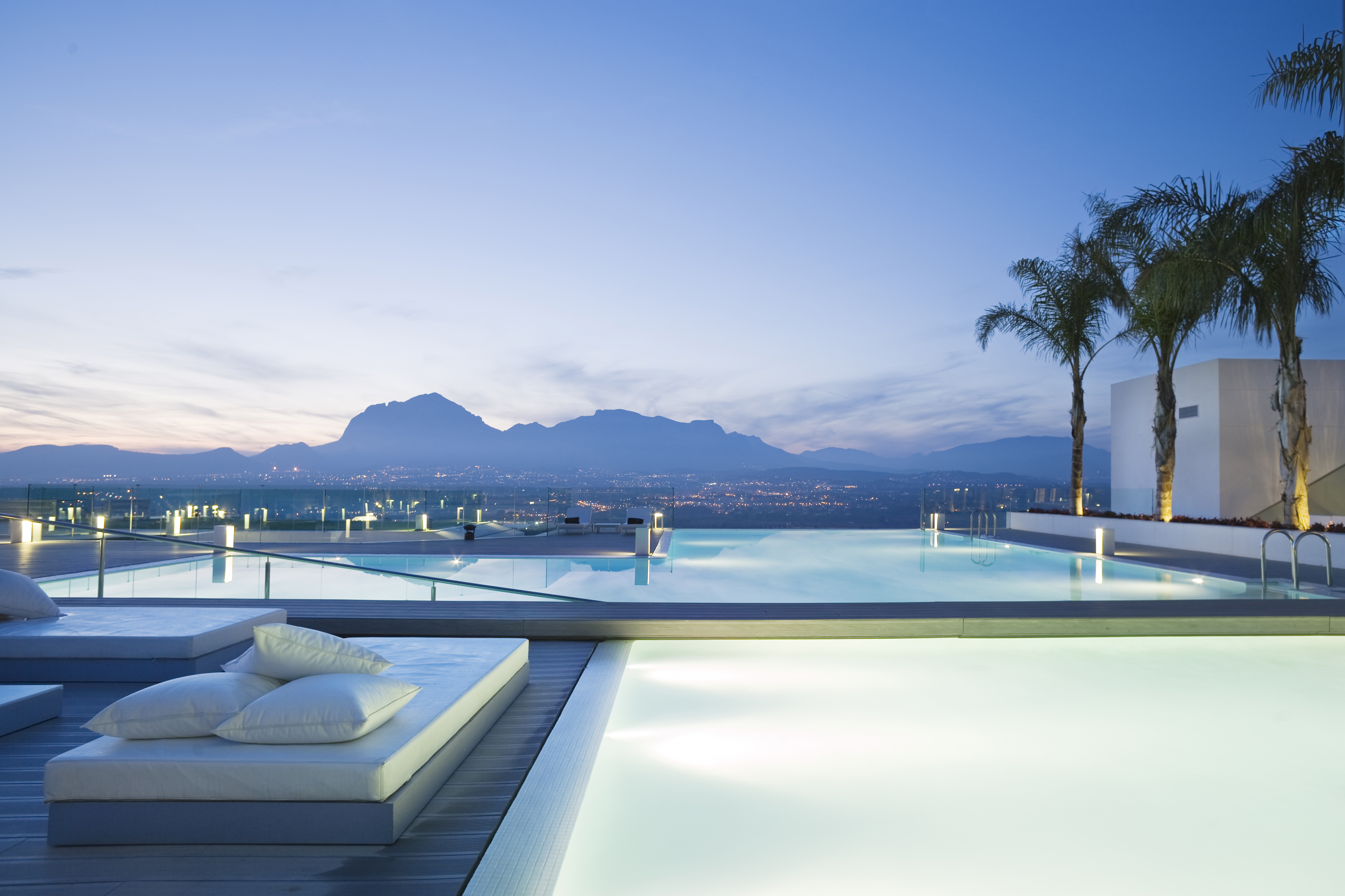 General 4368x2912 swimming pool mountains palm trees sky modern