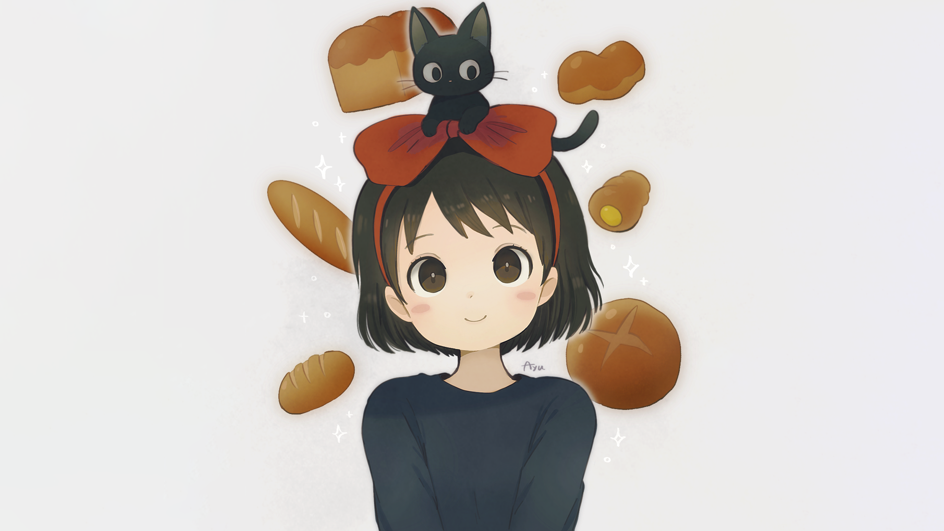 Anime 1920x1080 anime anime girls simple background Studio Ghibli jiji cats black cats smiling bread short hair Kiki's Delivery Service white background dark eyes looking at viewer animals mammals food