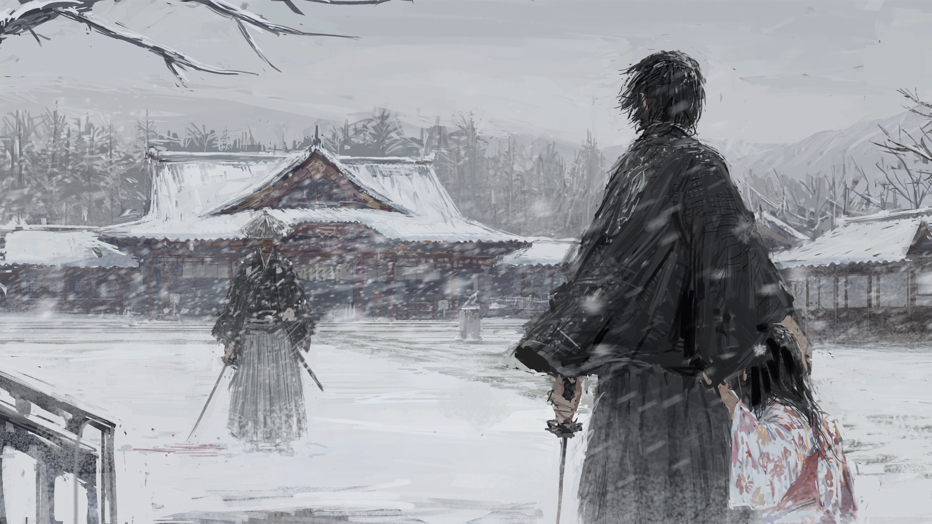 General 1920x1080 Japan samurai katana kimono snowing winter snow fantasy art artwork