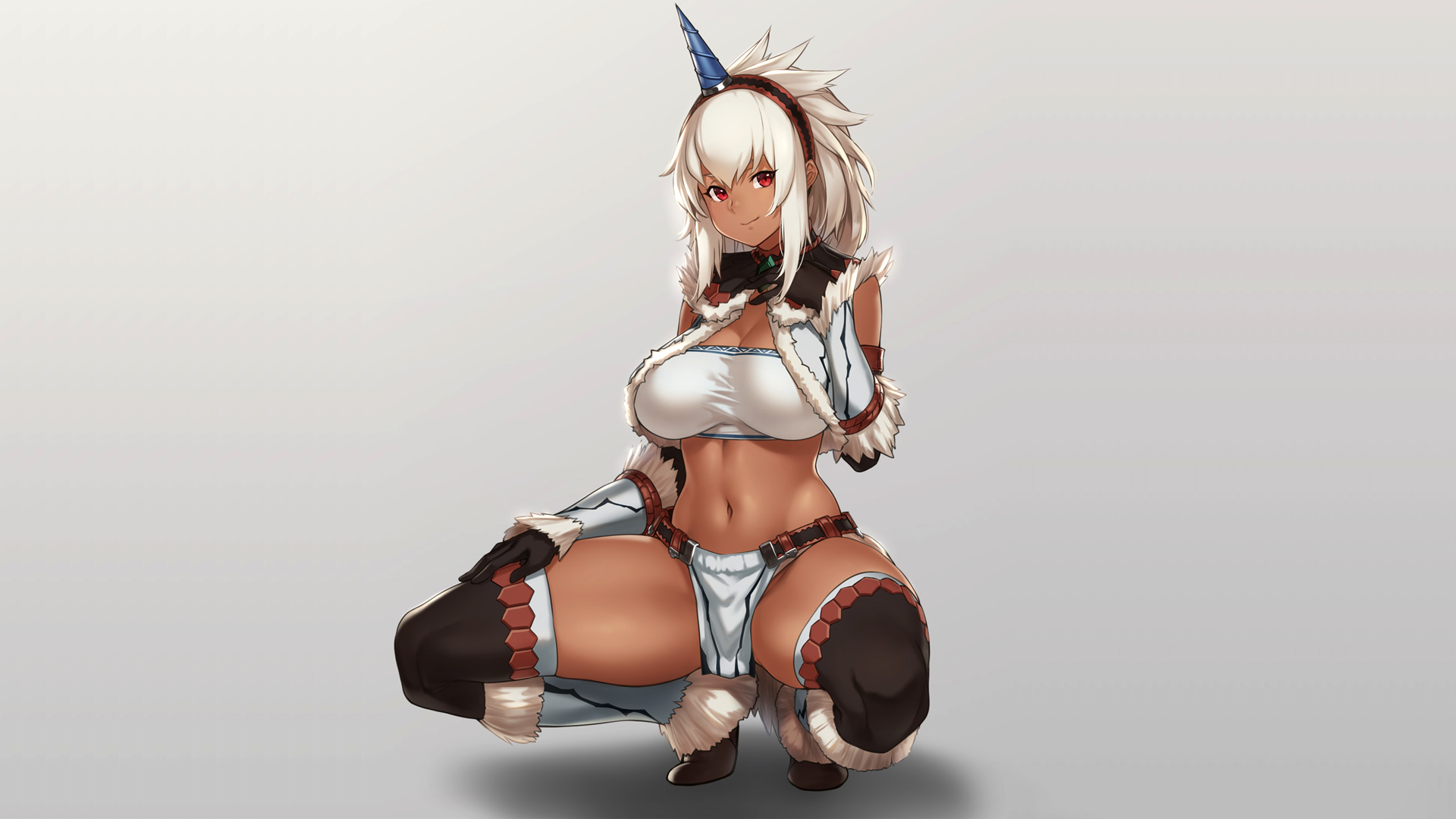 Anime 1920x1080 anime anime girls simple background looking at viewer Monster Hunter Kirin spread legs big boobs stockings squatting