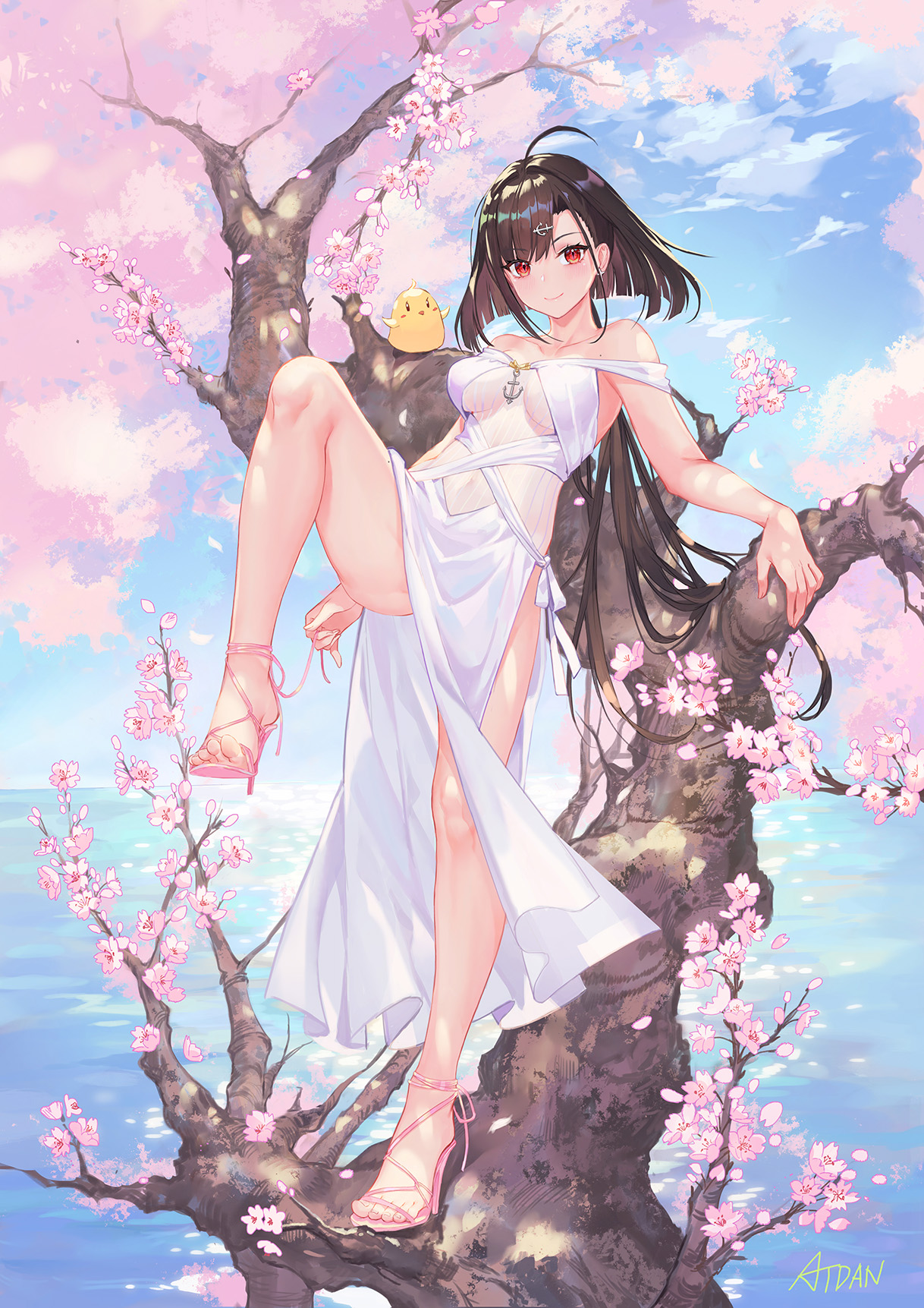 Anime 1218x1723 Independence (Azur Lane) Azur Lane video games anime girls video game girls brunette long hair hairpins red eyes smiling looking at viewer see-through clothing dress white dress trees heels cherry blossom spring sky clouds artwork 2D digital art drawing fan art Atdan