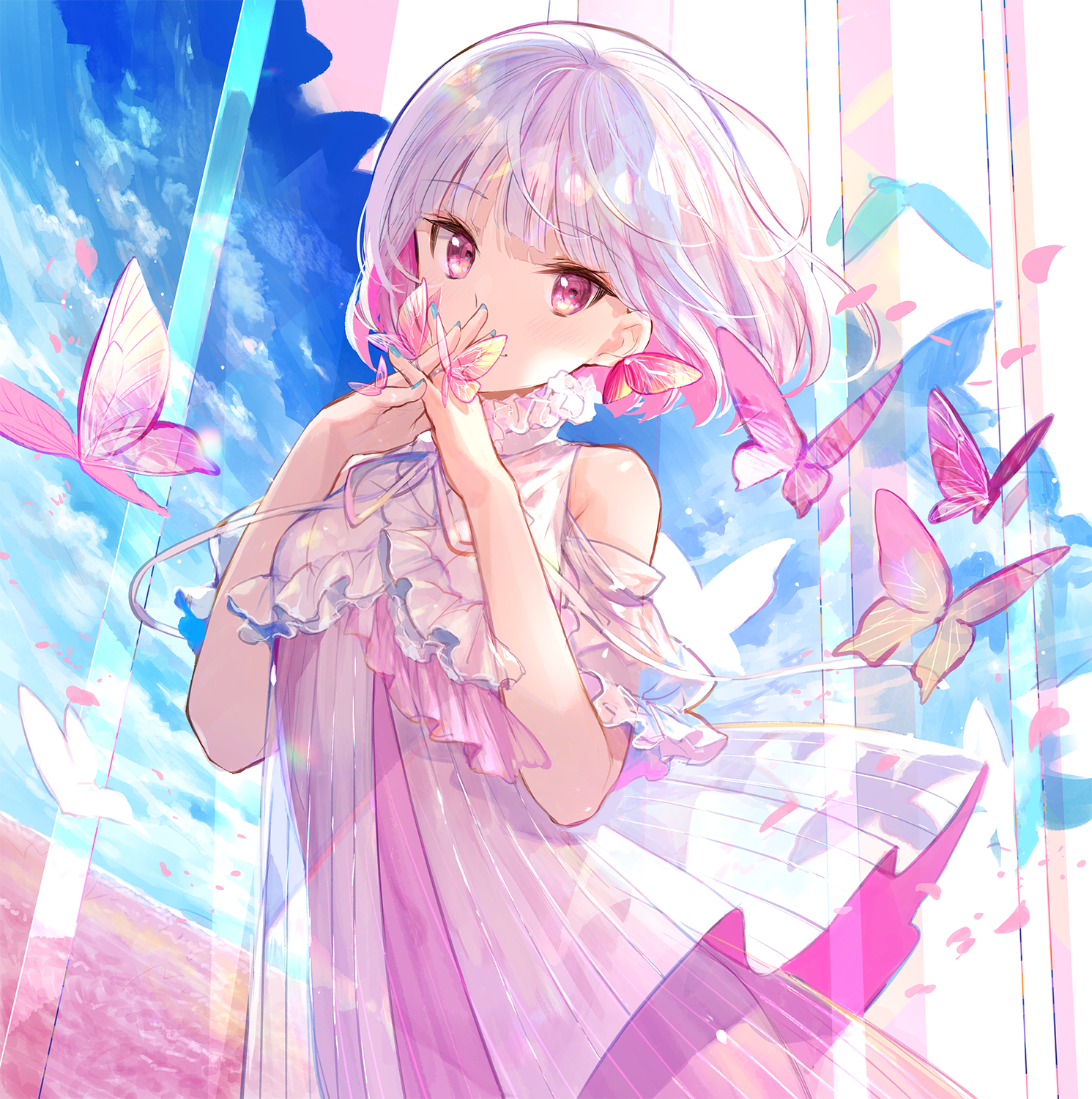 Anime 1491x1500 anime anime girls sky white hair pink eyes butterfly original characters dress Fuji Choko