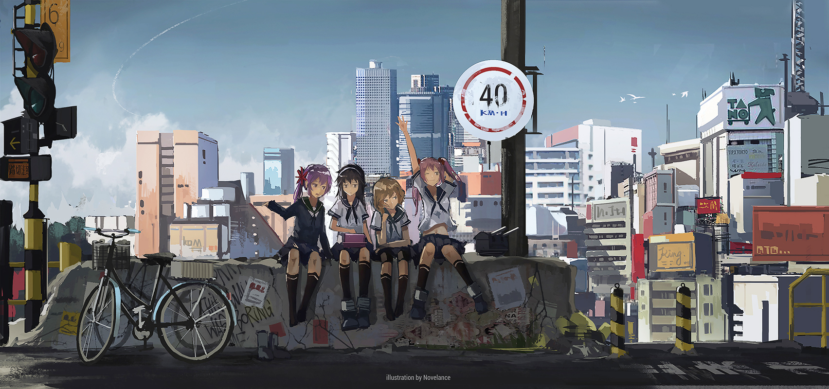 Anime 1704x800 anime girls bicycle town school uniform Kantai Collection Akebono (KanColle) Oboro (KanColle) Sazanami (KanColle) Ushio (KanColle) novelance