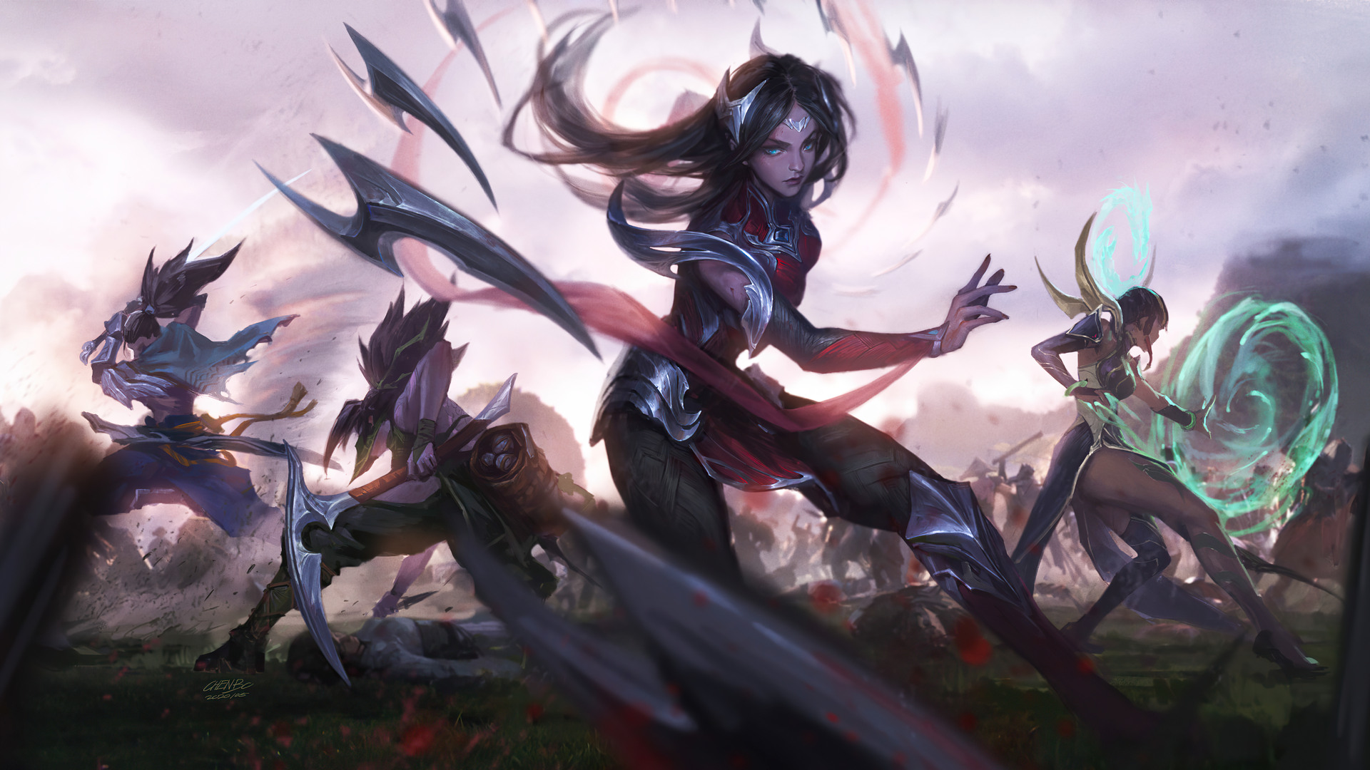General 1920x1080 Irelia (League of Legends) Karma League of Legends war girls with guns Akali (League of Legends) Karma (League of Legends) Yasuo (League of Legends) blades looking at viewer video games Riot Games video game characters signature
