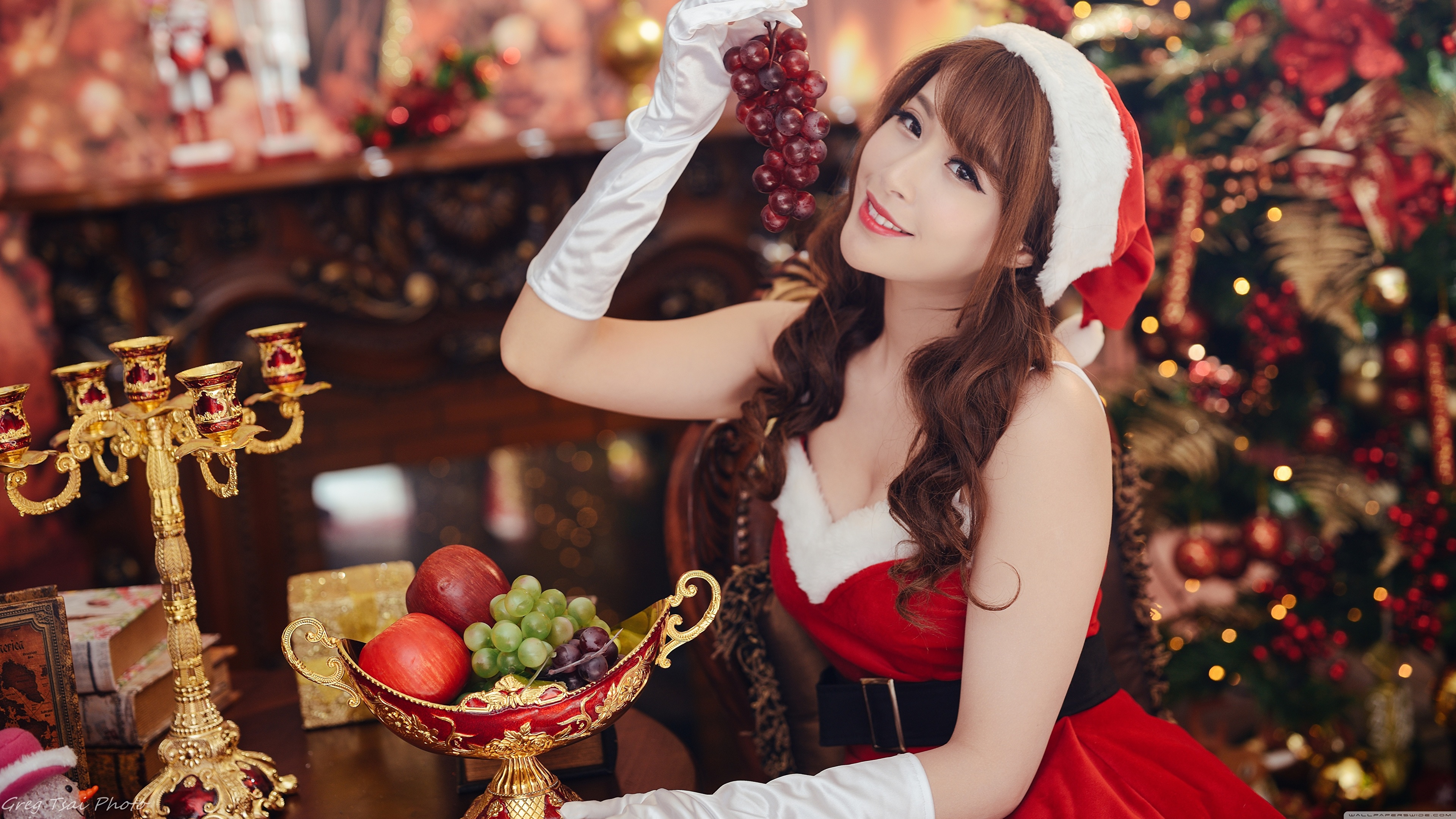 People 3840x2160 Asian model women long hair brunette Christmas red dress belt candle holder fruit bowl hat