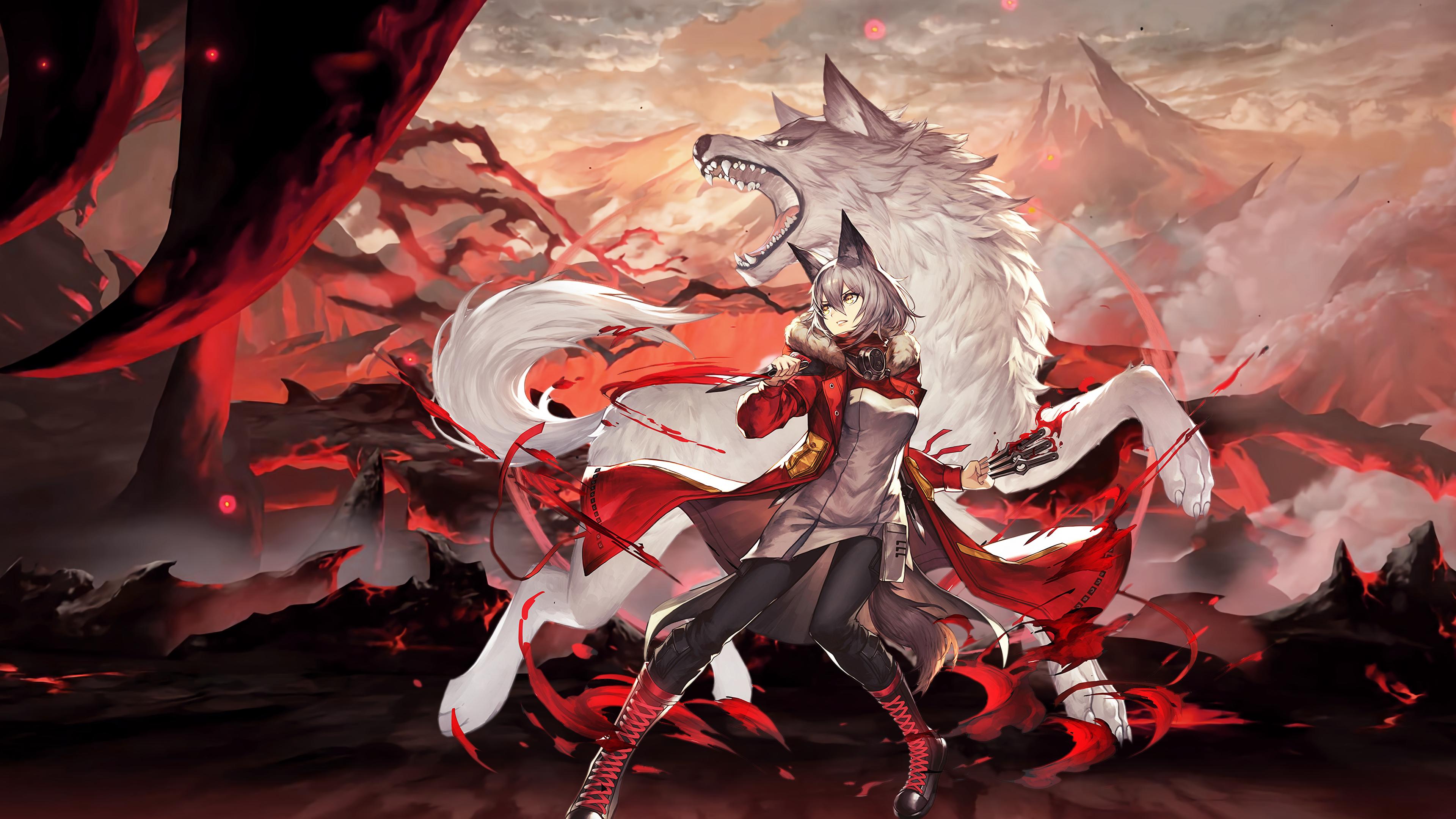 Anime 3840x2160 anime anime girls wolf wolf ears knife mountains wolf girls Arknights Projekt Red (Arknights)