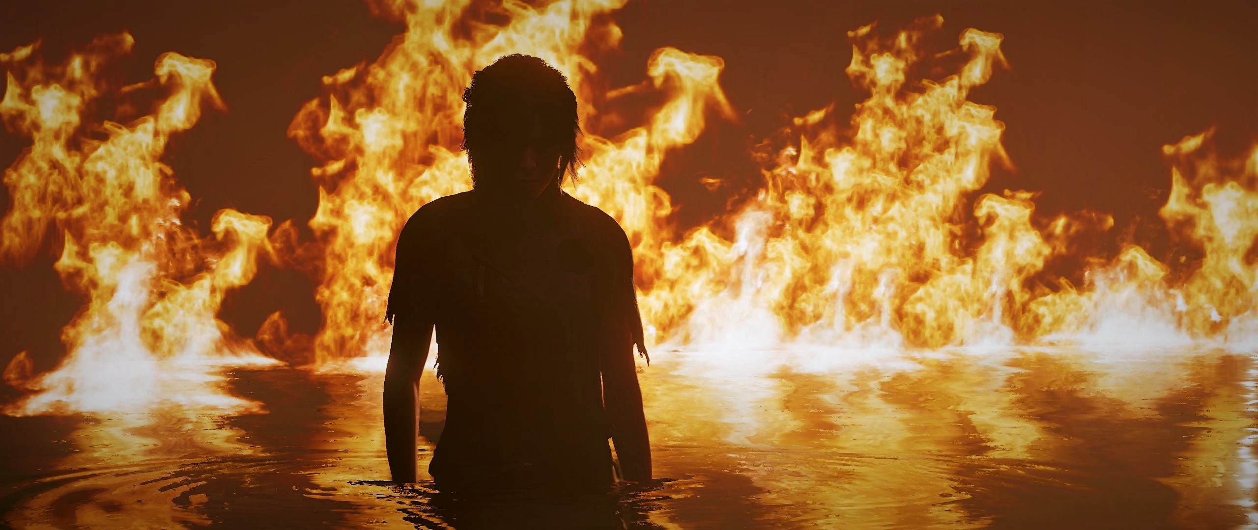 General 2560x1080 Tomb Raider Shadow of the Tomb Raider Lara Croft (Tomb Raider) fire burning in water video game girls screen shot PC gaming video games