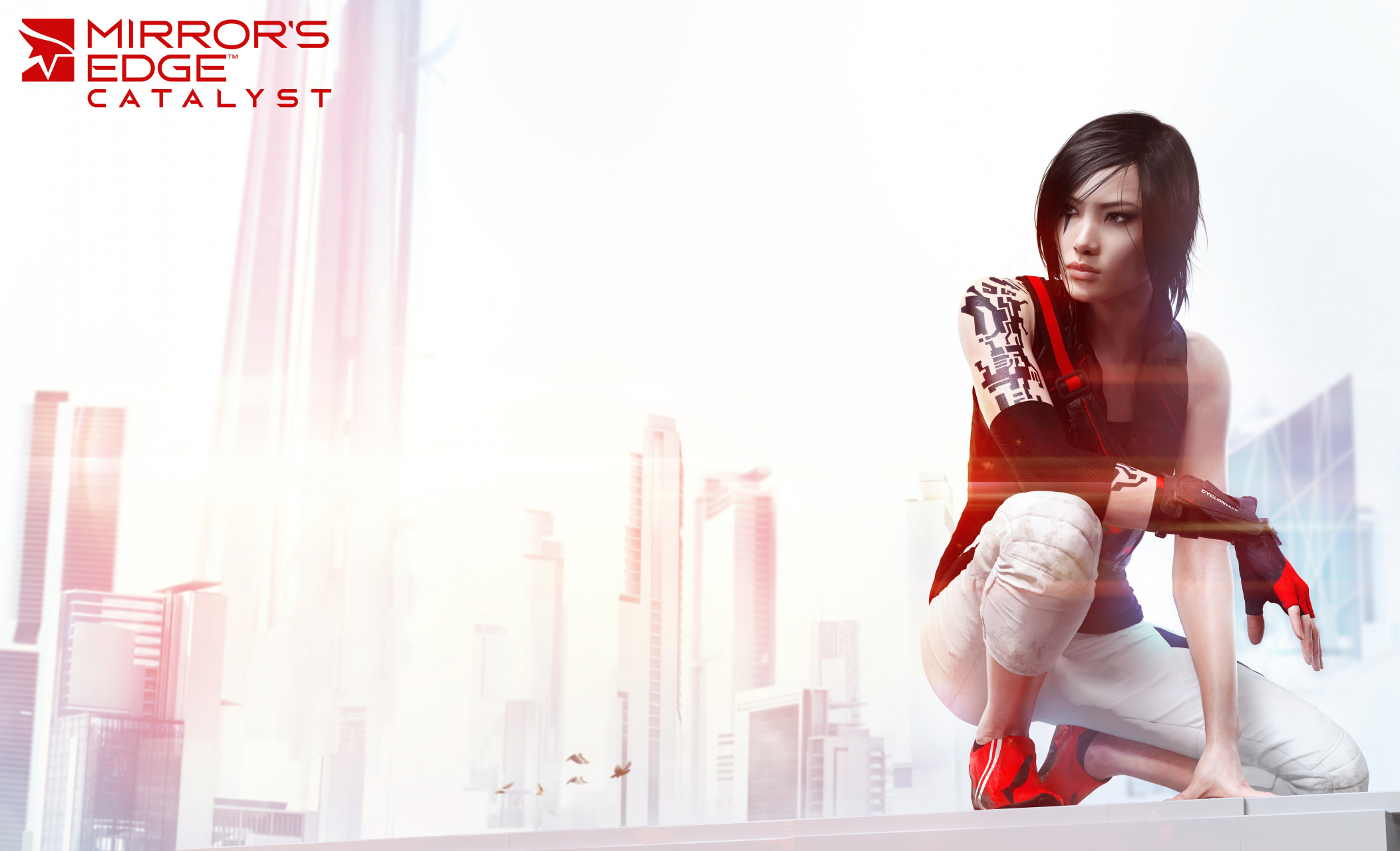 General 2104x1280 Electronic Arts EA DICE Faith Connors short hair Mirror's Edge dark hair Mirror's Edge Catalyst red tank top video game girls tattoo fingerless gloves parkour looking away white jeans video games Elbow Pads black hair video game characters