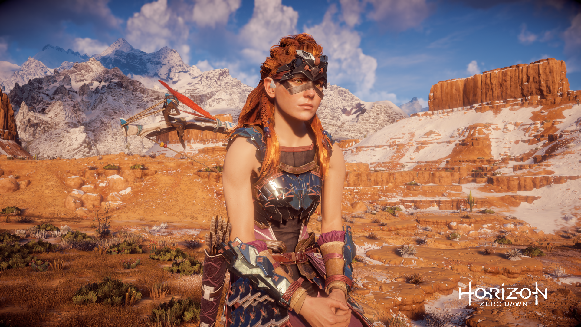 General 1920x1080 Horizon: Zero Dawn Aloy video games screen shot video game characters CGI video game art clouds guerrilla games landscape looking away mountains video game girls sky closed mouth face mask bare shoulders title digital art