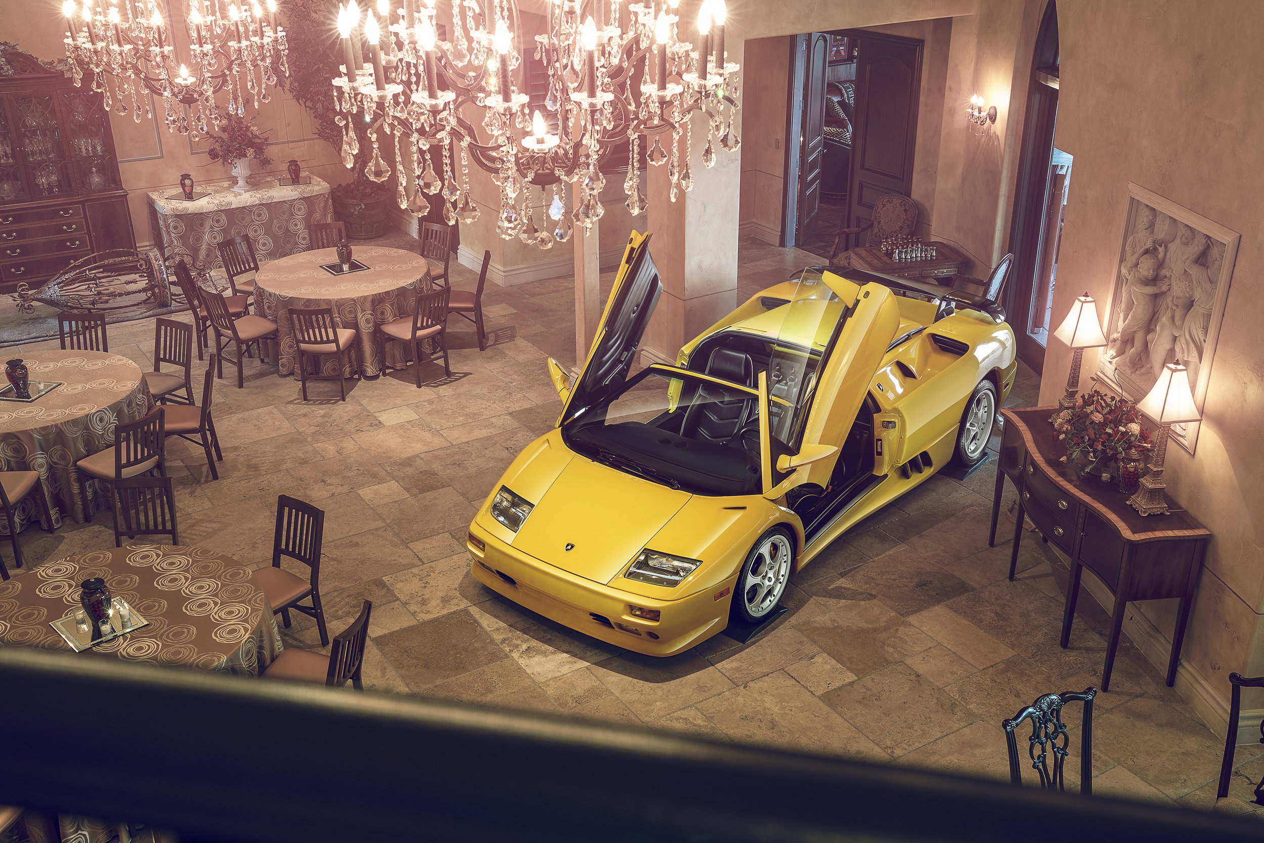 General 2500x1667 car vehicle yellow dress Lamborghini high angle Lamborghini Diablo restaurant chandeliers scissor doors