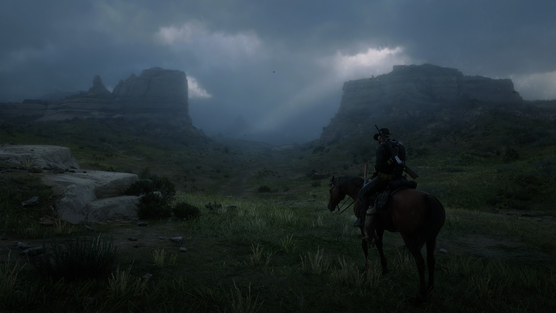 General 1920x1080 Red Dead Redemption 2 PC gaming cowboy western horse screen shot video game art rain clouds nature
