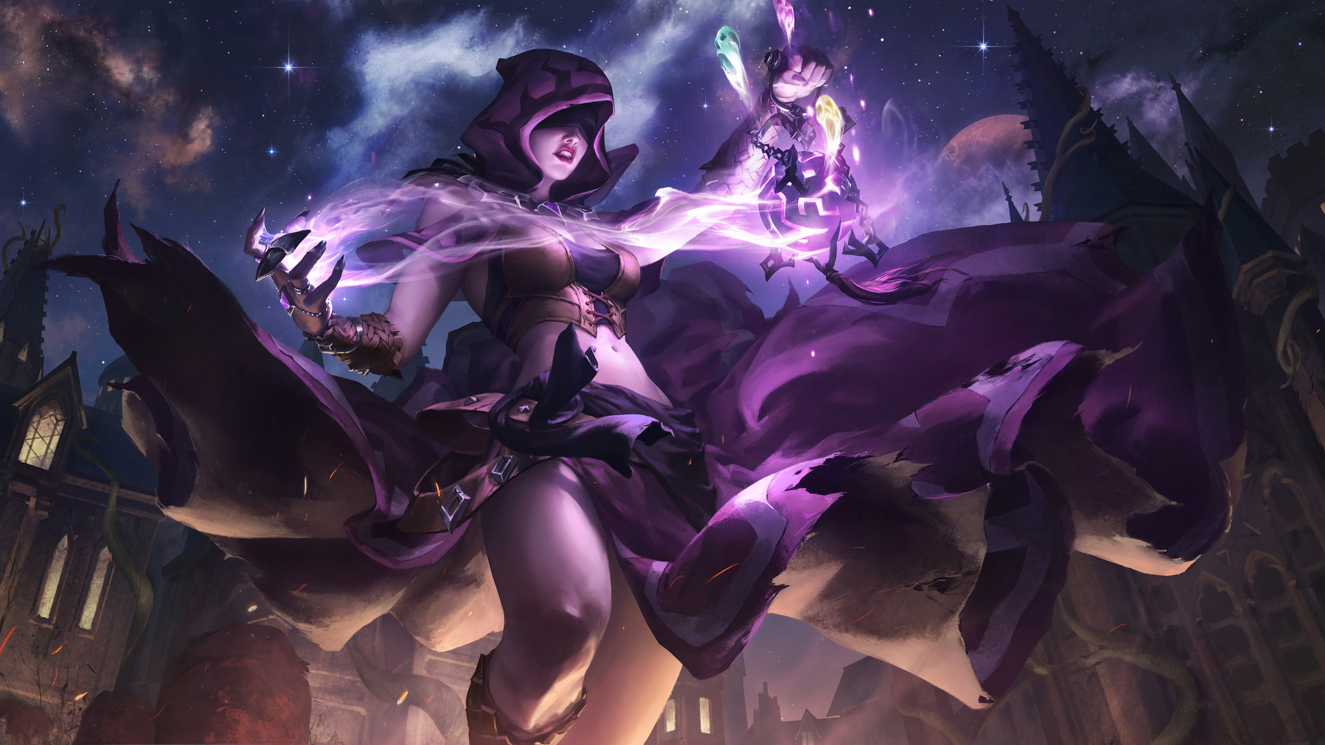 General 1920x1080 digital art artwork video games women fantasy art thighs belly tight clothing witch spell hoods mask Paladins: Champions of the Realm