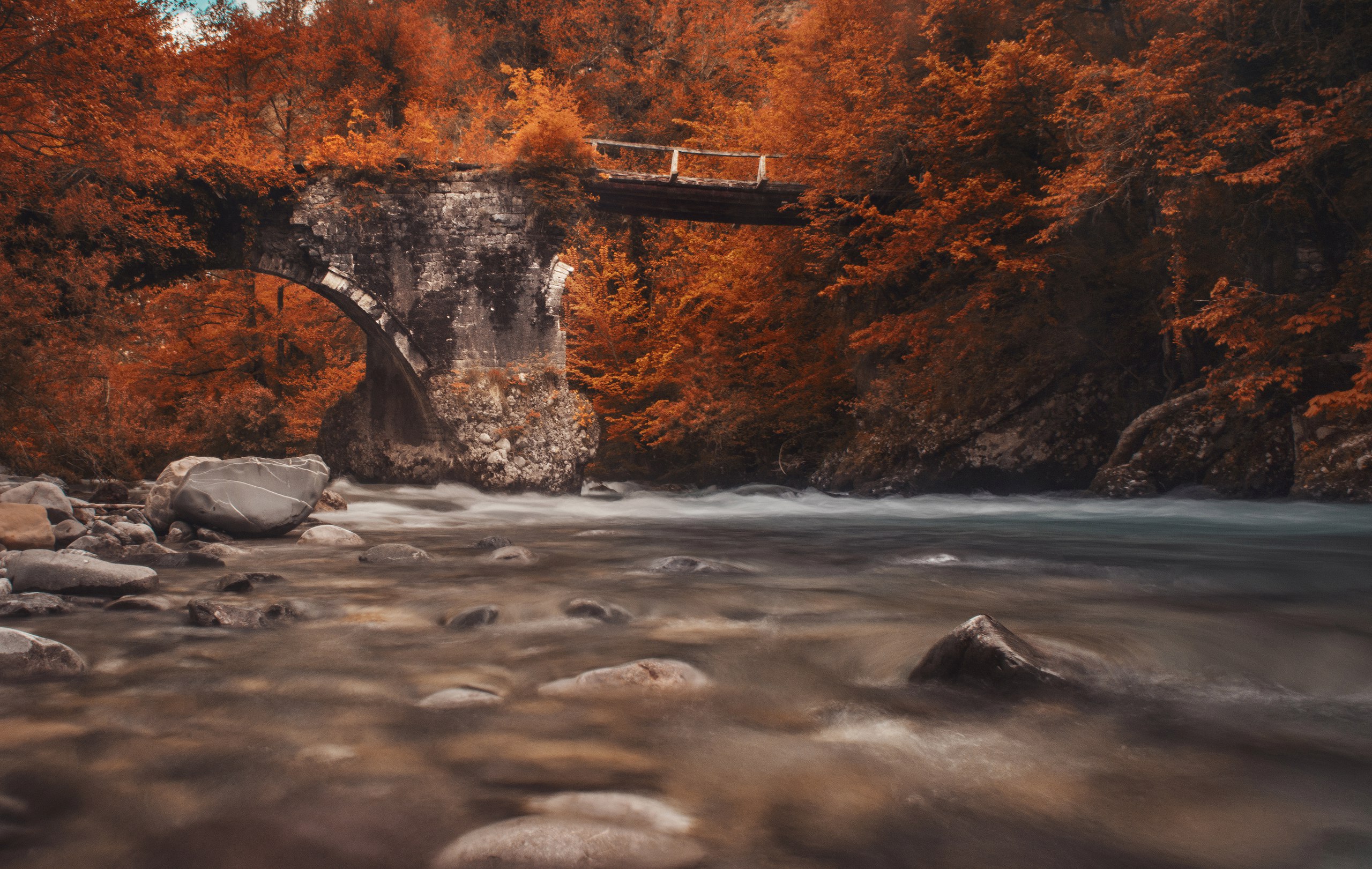 General 2560x1621 nature fall foliage trees water river bridge rocks forest outdoors