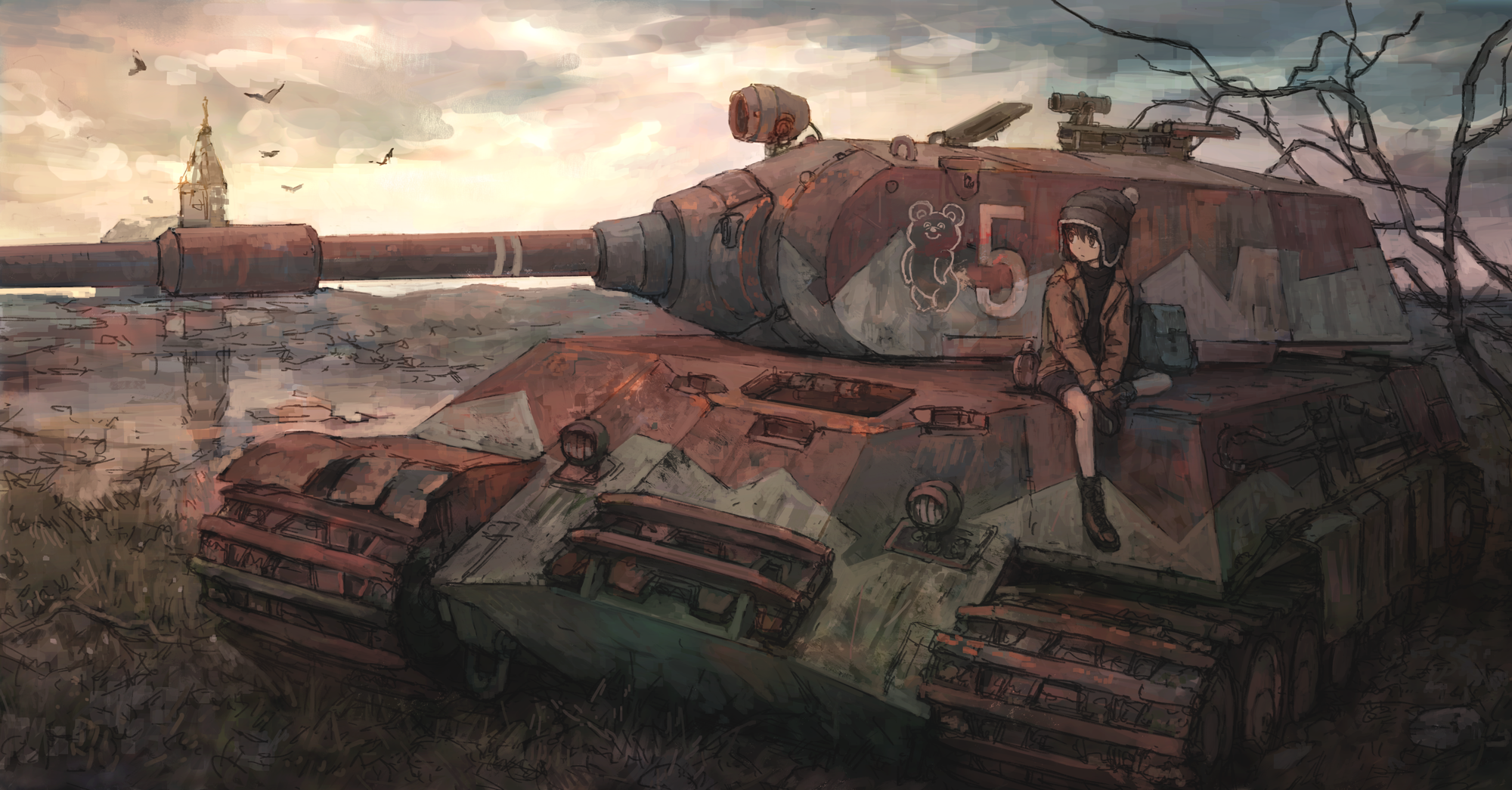 Anime 2000x1045 anime anime girls digital art artwork 2D portrait tank military vehicle sitting outdoors Tokunaga Akimasa