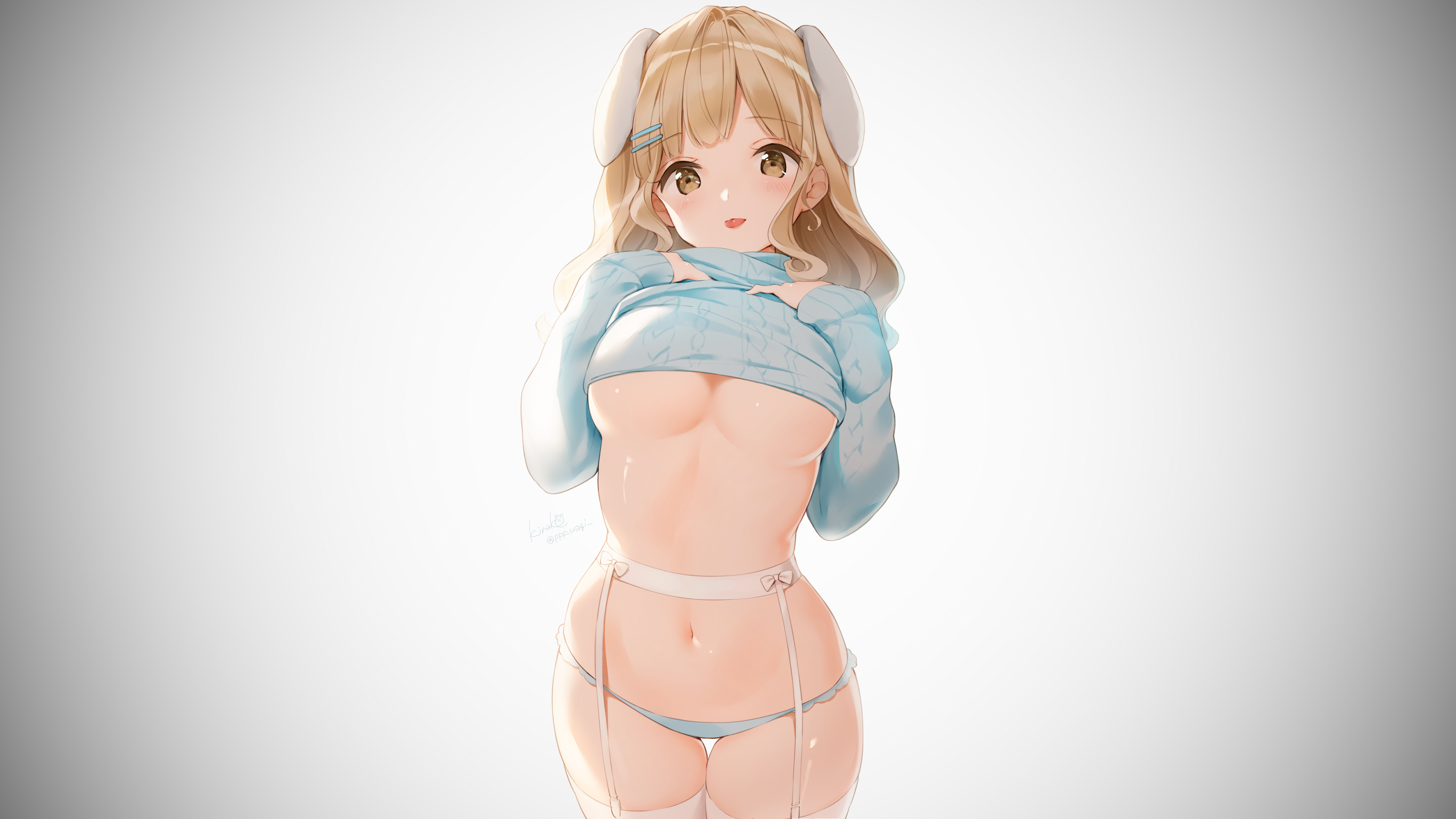 Anime 2852x1604 anime girls anime original characters bunny ears blonde looking at viewer blushing tongue out sweater no bra underboob belly garter belt garter straps stockings thigh-highs panties the gap white background simple background white vignette curvy frontal view artwork drawing digital art 2D illustration wavy hair
