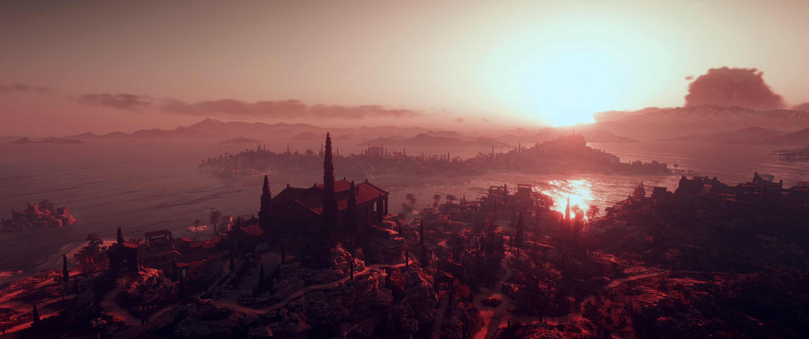 General 3440x1440 sunset landscape nature sky plants sea dark artwork Assassin's Creed: Odyssey digital art ultrawide video games
