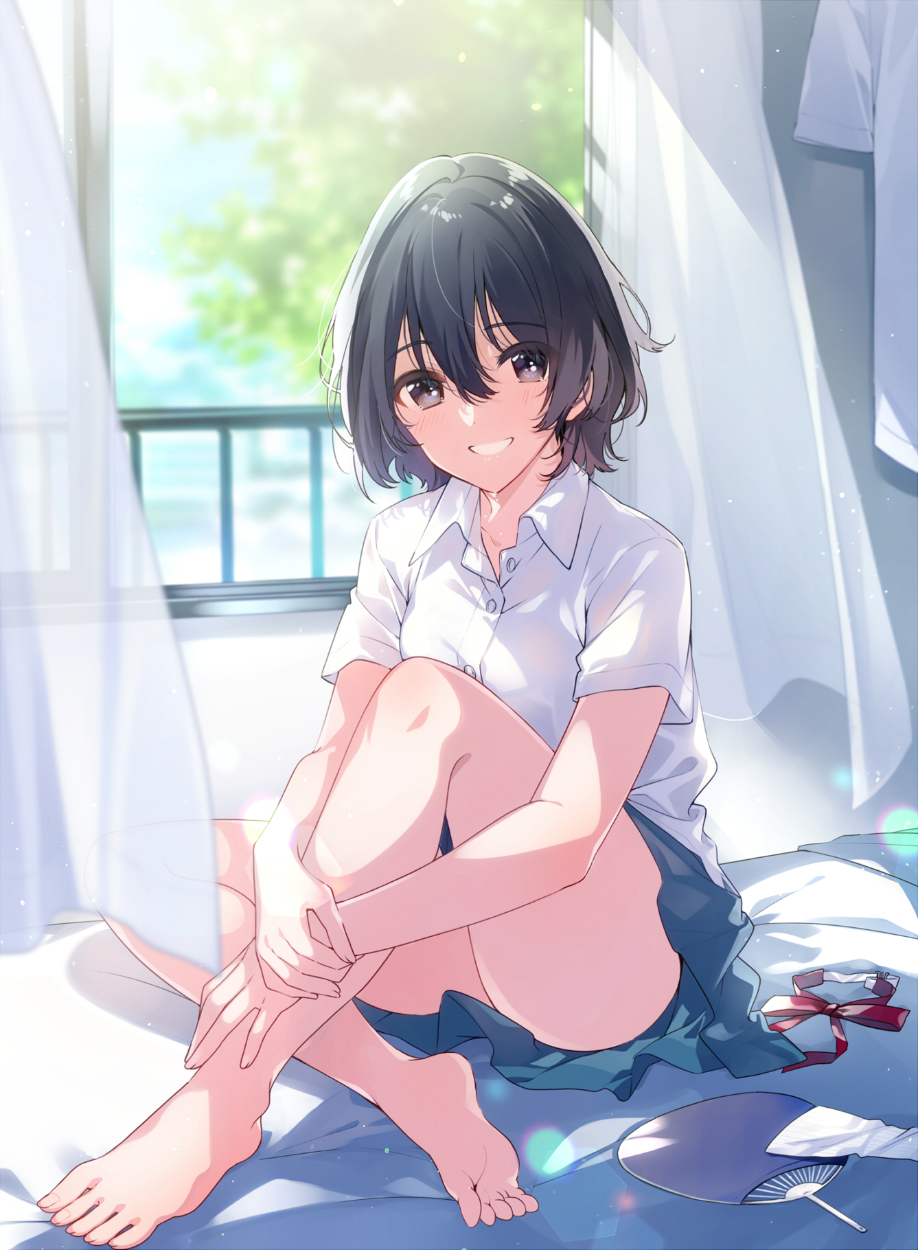 Anime 1337x1820 anime anime girls digital art artwork 2D portrait display barefoot short hair dark hair dark eyes smiling in bed school uniform u35
