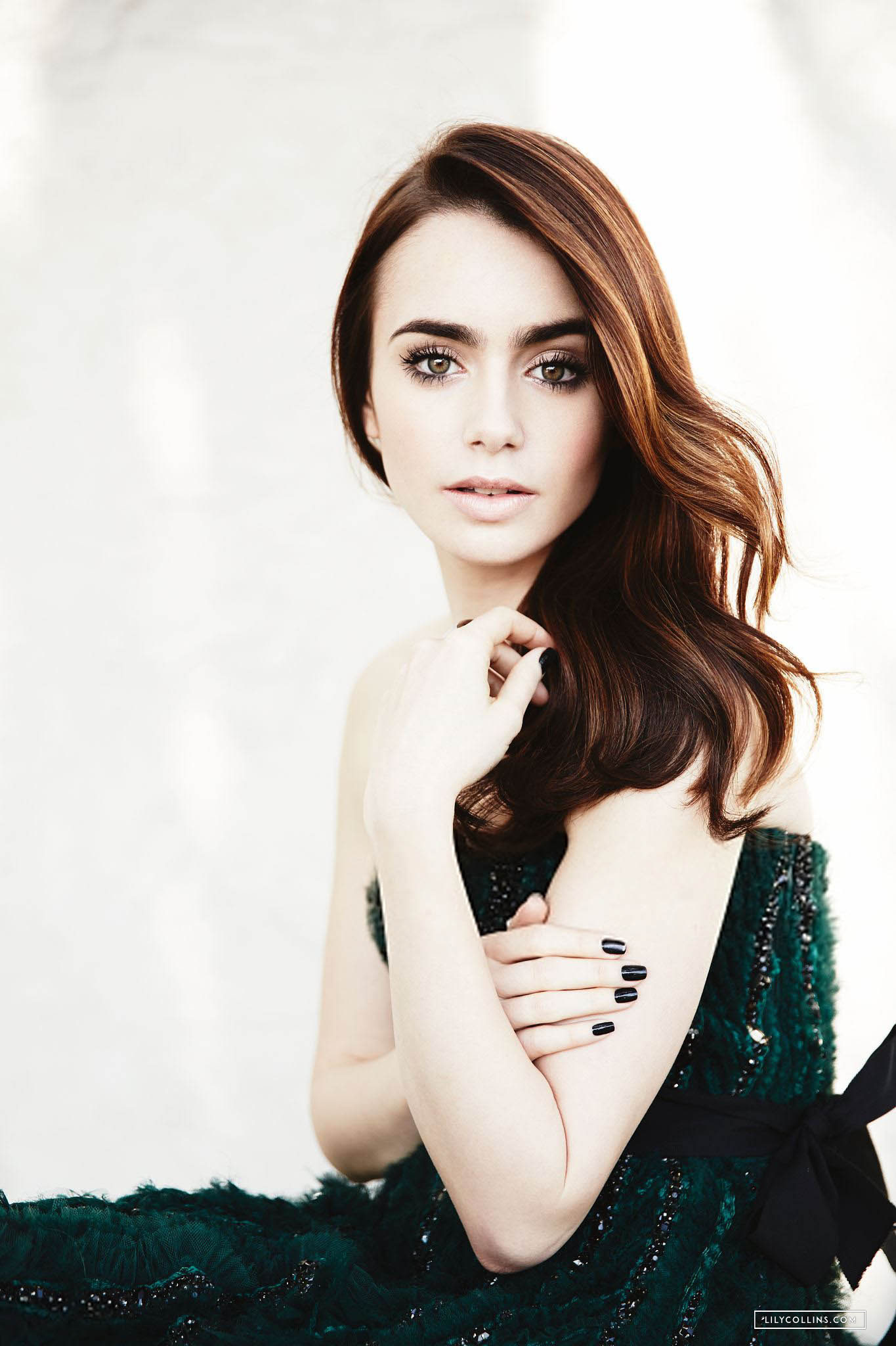 People 1365x2048 Lily Collins women brunette long hair painted nails actress model portrait display simple background