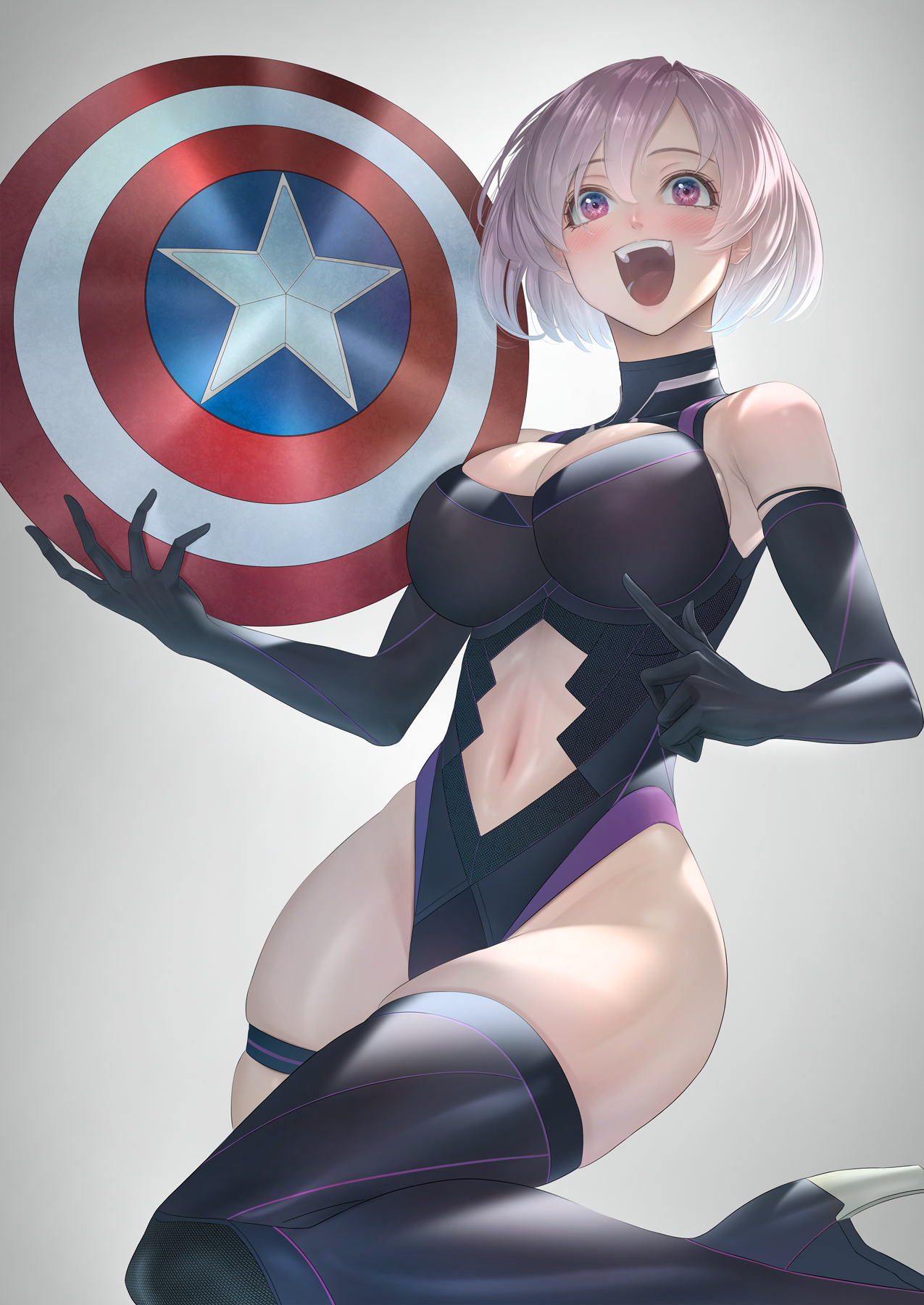 Anime 1275x1800 anime girls Fate series Mash Kyrielight Fate/Grand Order 2D big boobs thigh high boots parody cosplay Captain America Marvel Comics curvy long sleeves belly button cleavage ecchi open mouth short hair purple hair tight clothing armpits female warrior blushing looking away anime underboob thick ass thick thigh fan art I_MI_ZU