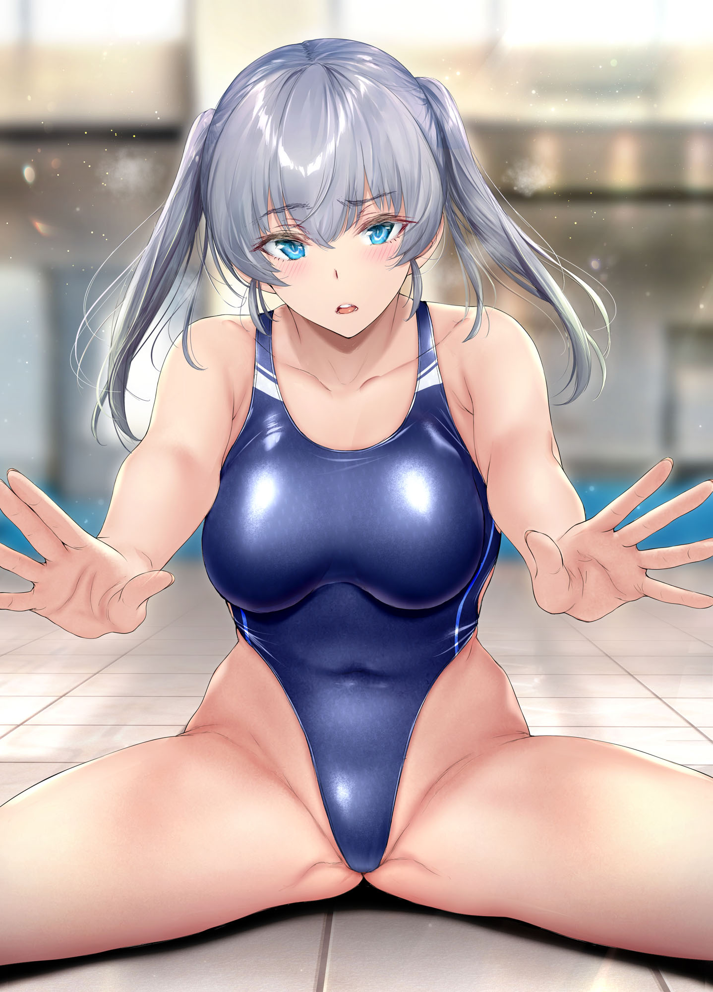 Anime 1438x2000 anime anime girls kimi omou koi Gentsuki gray hair blue eyes blushing one-piece swimsuit spread legs big boobs