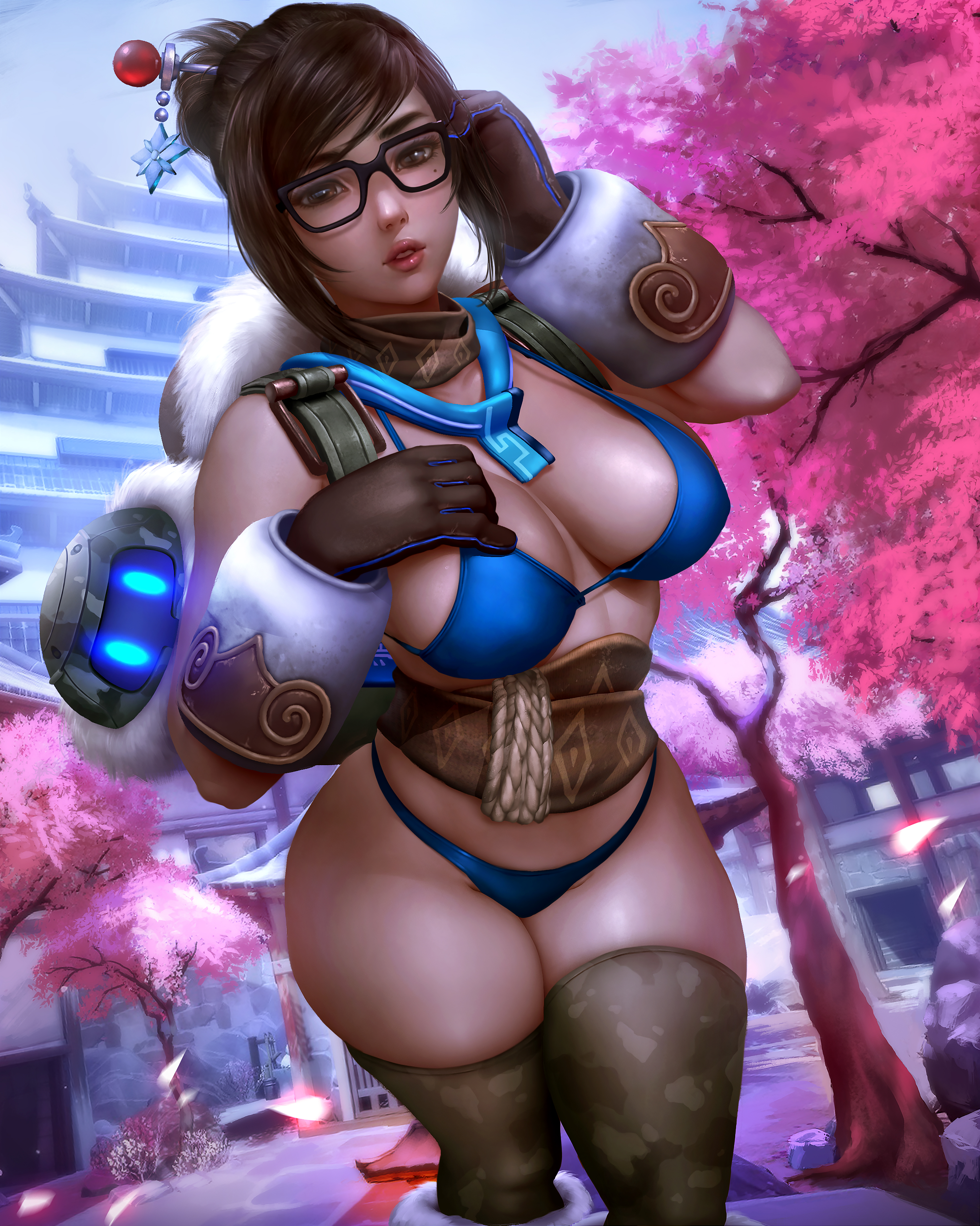 General 3543x4430 Mei (Overwatch) Overwatch video games fantasy girl brunette hair accessories women with glasses glasses gloves bikini swimwear thigh-highs belly thick thigh trees portrait display artwork drawing digital art curvy fan art Logan Cure