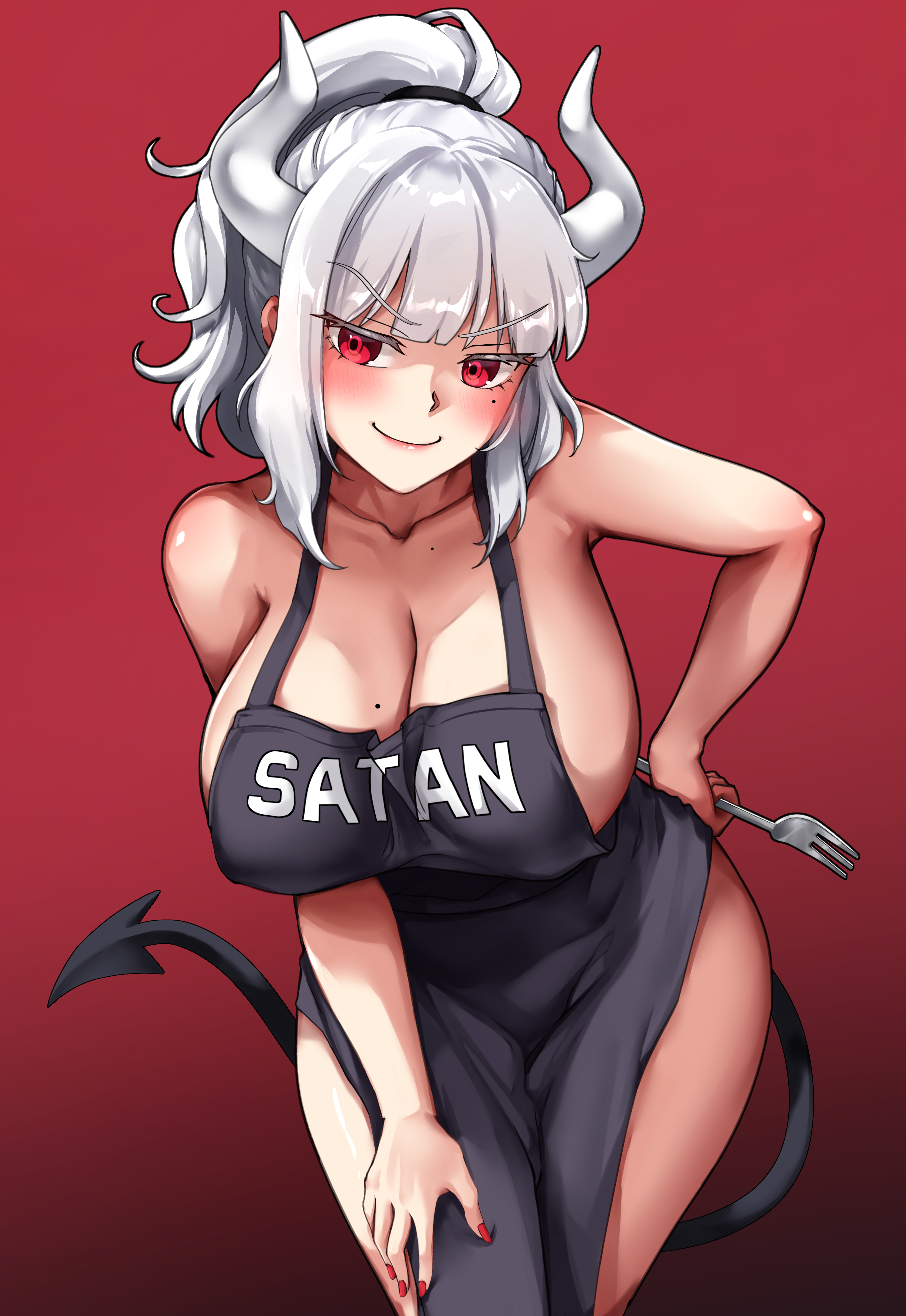 Anime 2894x4200 Helltaker Lucifer (Helltaker) cleavage big boobs red eyes anime girls demon horns anime partially clothed apron naked apron