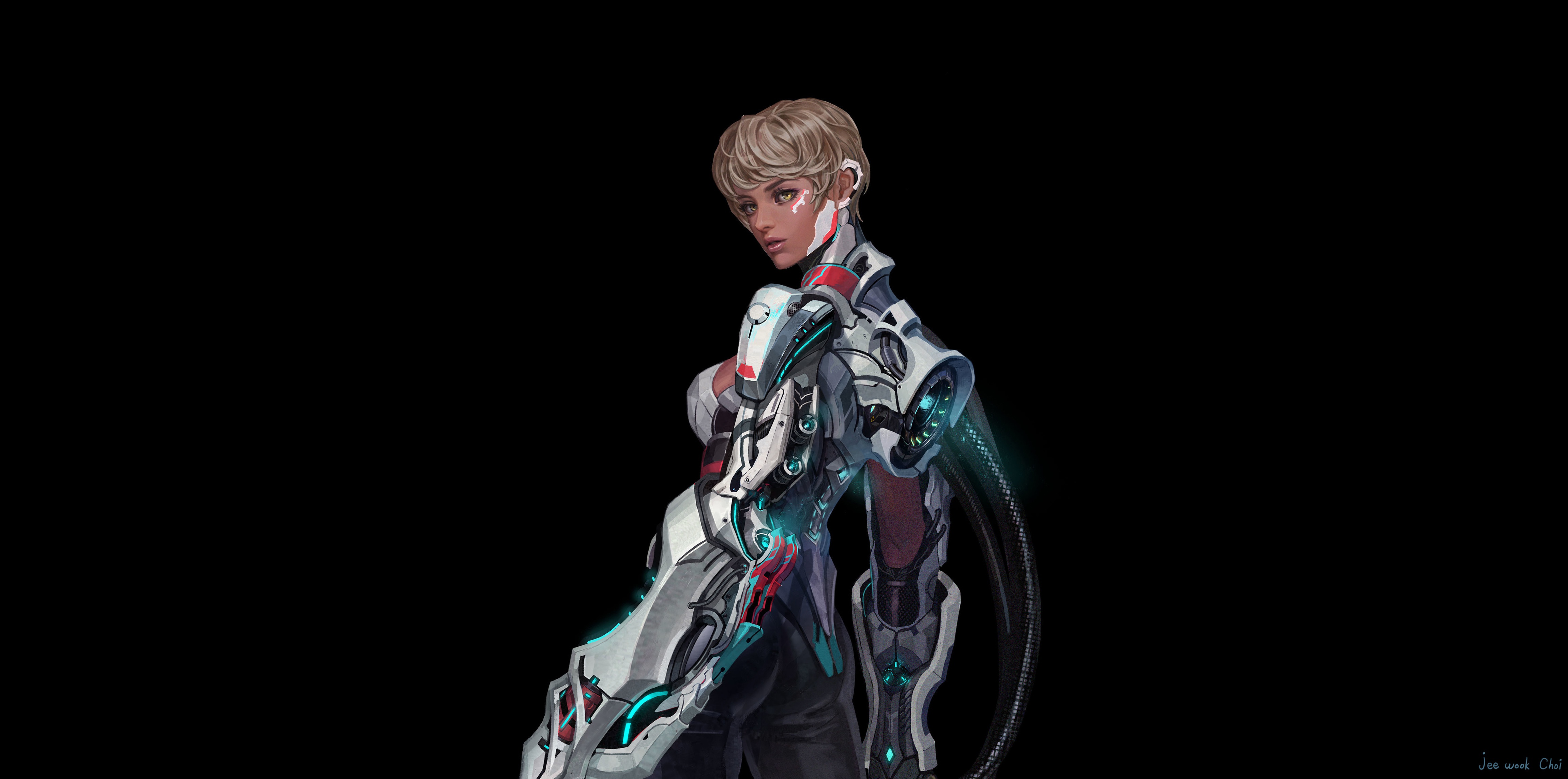 General 4600x2285 women artwork cyborg machine simple background futuristic