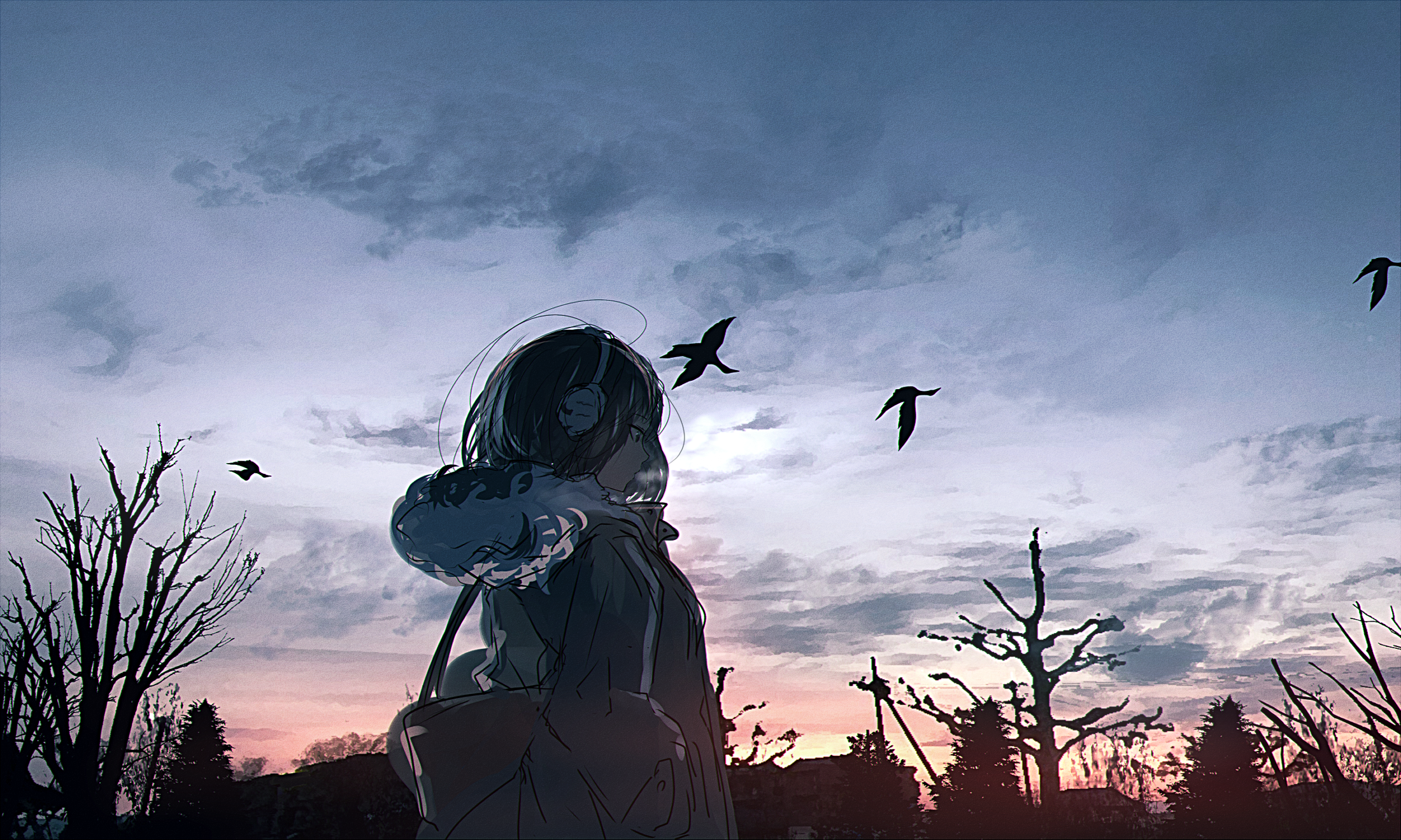 Anime 2200x1319 anime anime girls outdoors crow