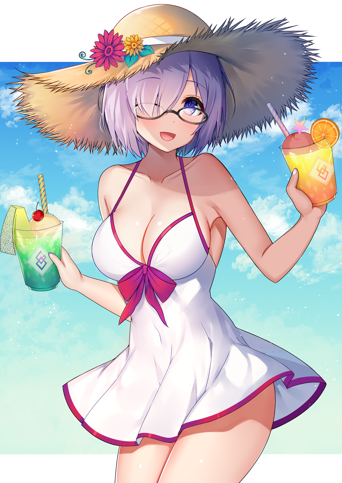 Anime 1200x1694 boobs big boobs anime anime girls digital art artwork vertical portrait display short hair Mash Kyrielight Fate/Grand Order Fate series hat pink hair blue eyes food sky clouds legs open mouth glasses women with glasses dress cleavage straw hat
