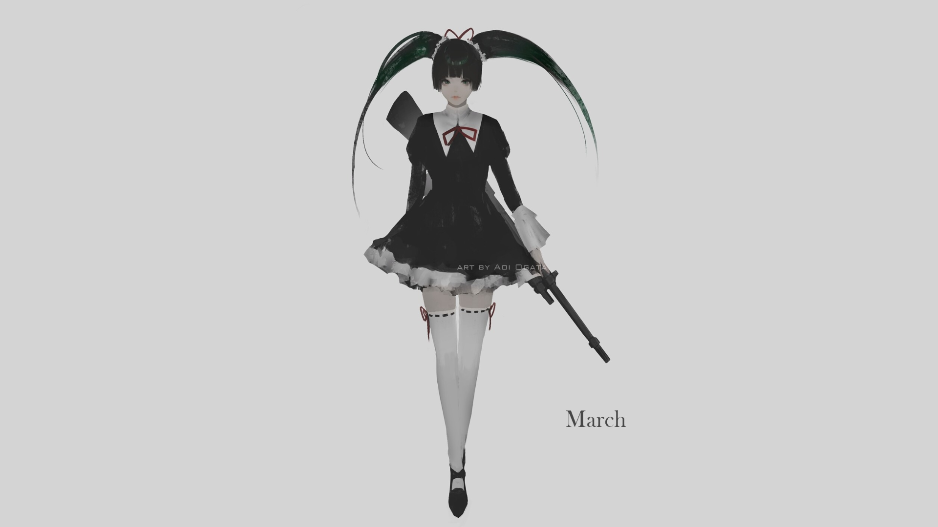 Anime 1920x1080 Aoi Ogata hate-chan simple background gray background black hair black dress looking at viewer illustration artwork drawing girls with guns minidress walking legs green hair stockings white stockings thigh-highs feet crossed