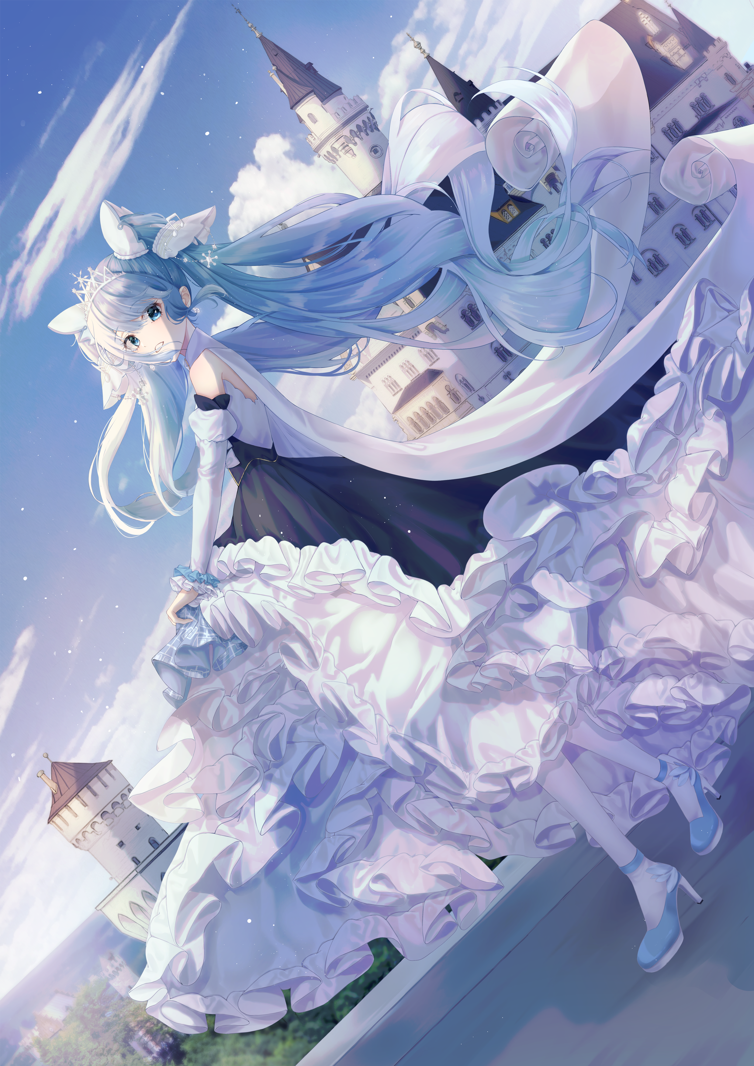 Anime 2480x3508 anime anime girls digital art artwork 2D dress long hair sky clouds Vocaloid blue hair blue eyes