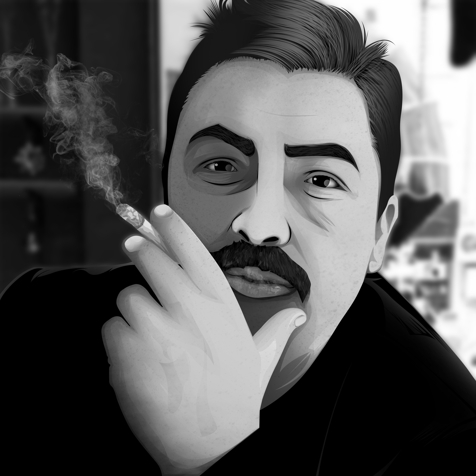 General 2000x2000 vector Vexel illustration drawing digital art portrait men moustache smoking cigarettes monochrome