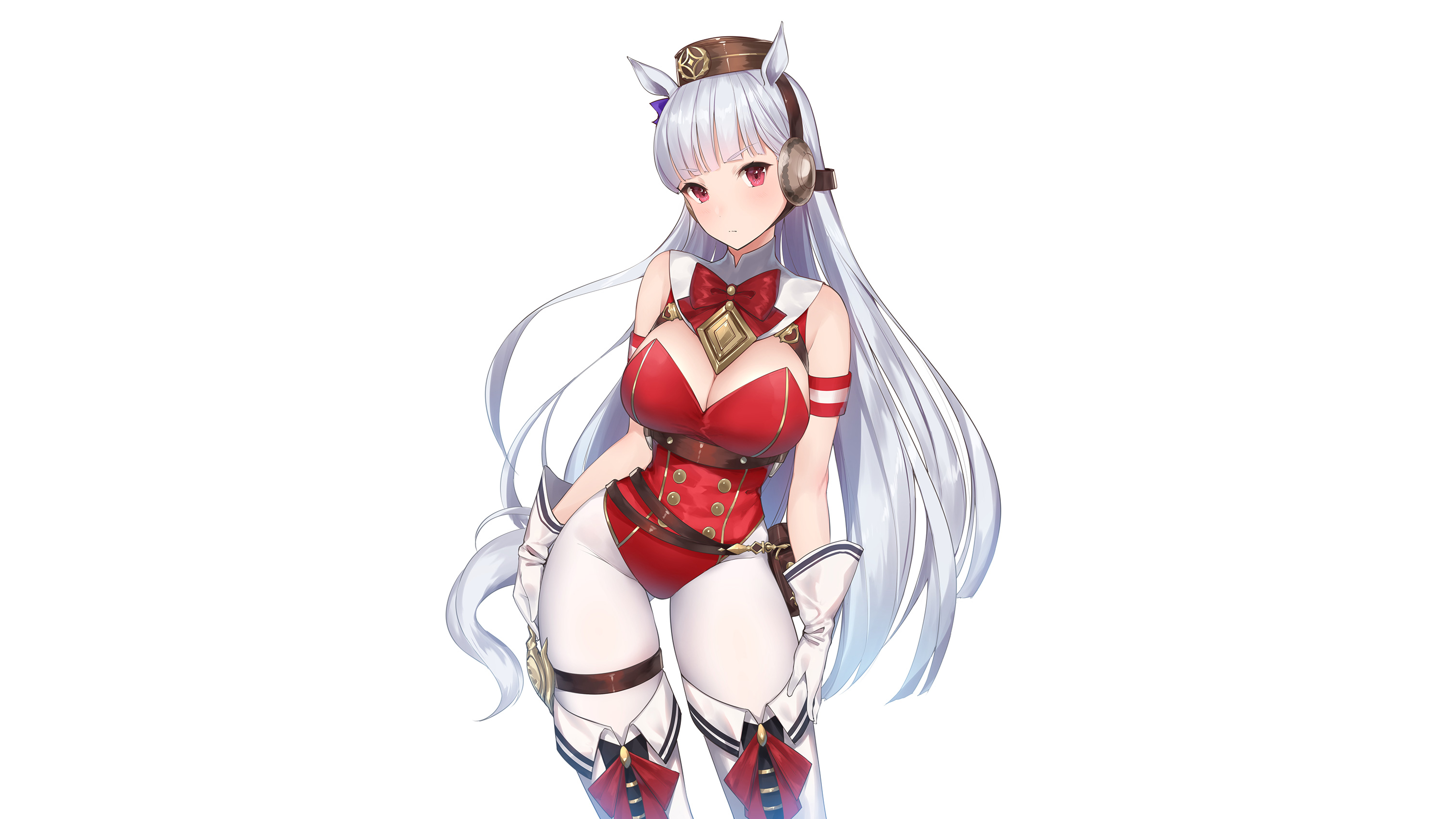 Anime 3017x1697 Uma Musume Pretty Derby Gold Ship (Uma Musume) long hair red eyes white white hair hat gloves cleavage animal ears anime anime girls big boobs simple background white background standing curvy