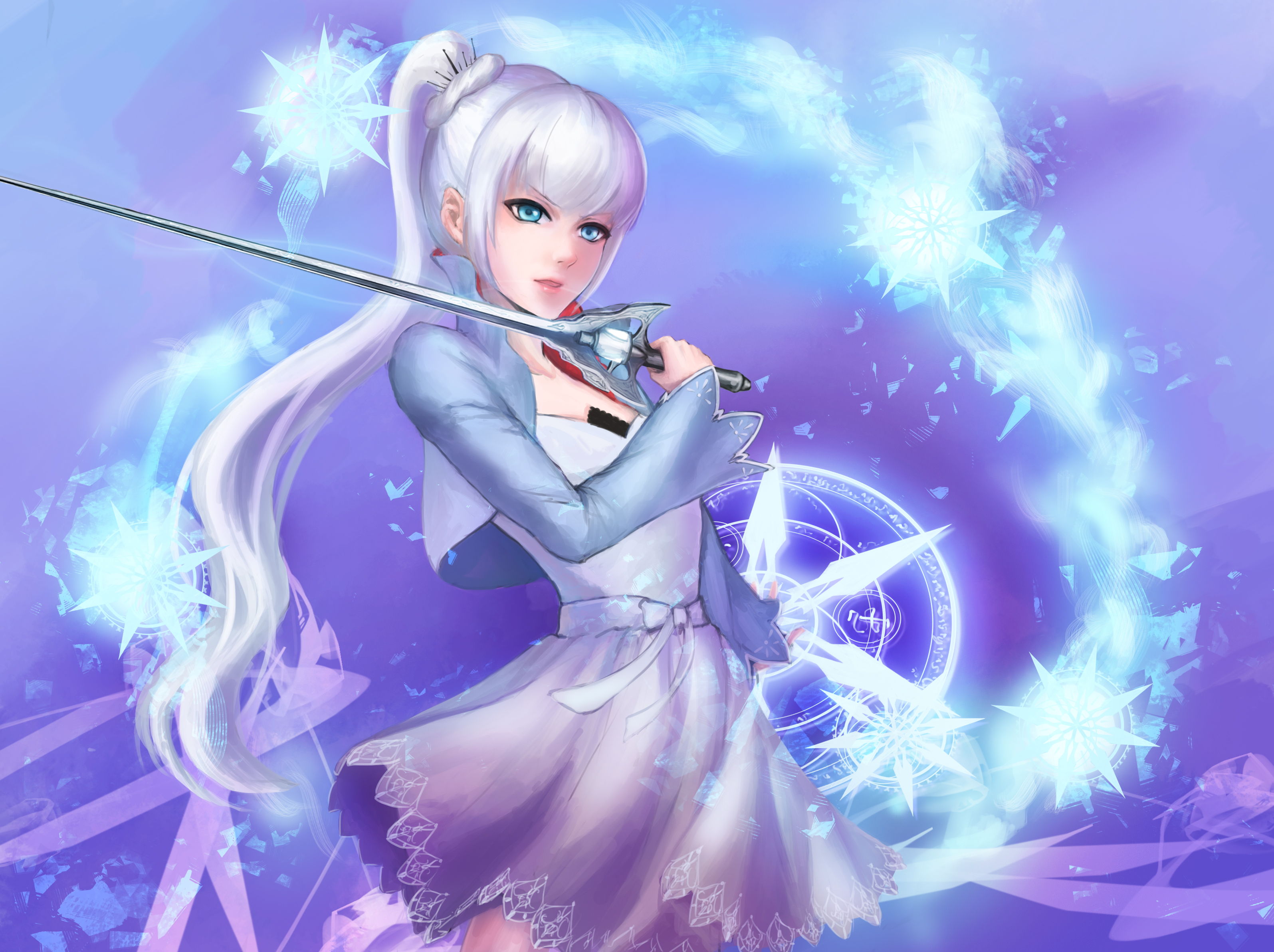 Anime 3191x2385 digital art anime girls fan art RWBY skirt Weiss Schnee white hair snow ice Myrtenaster rapier blue eyes