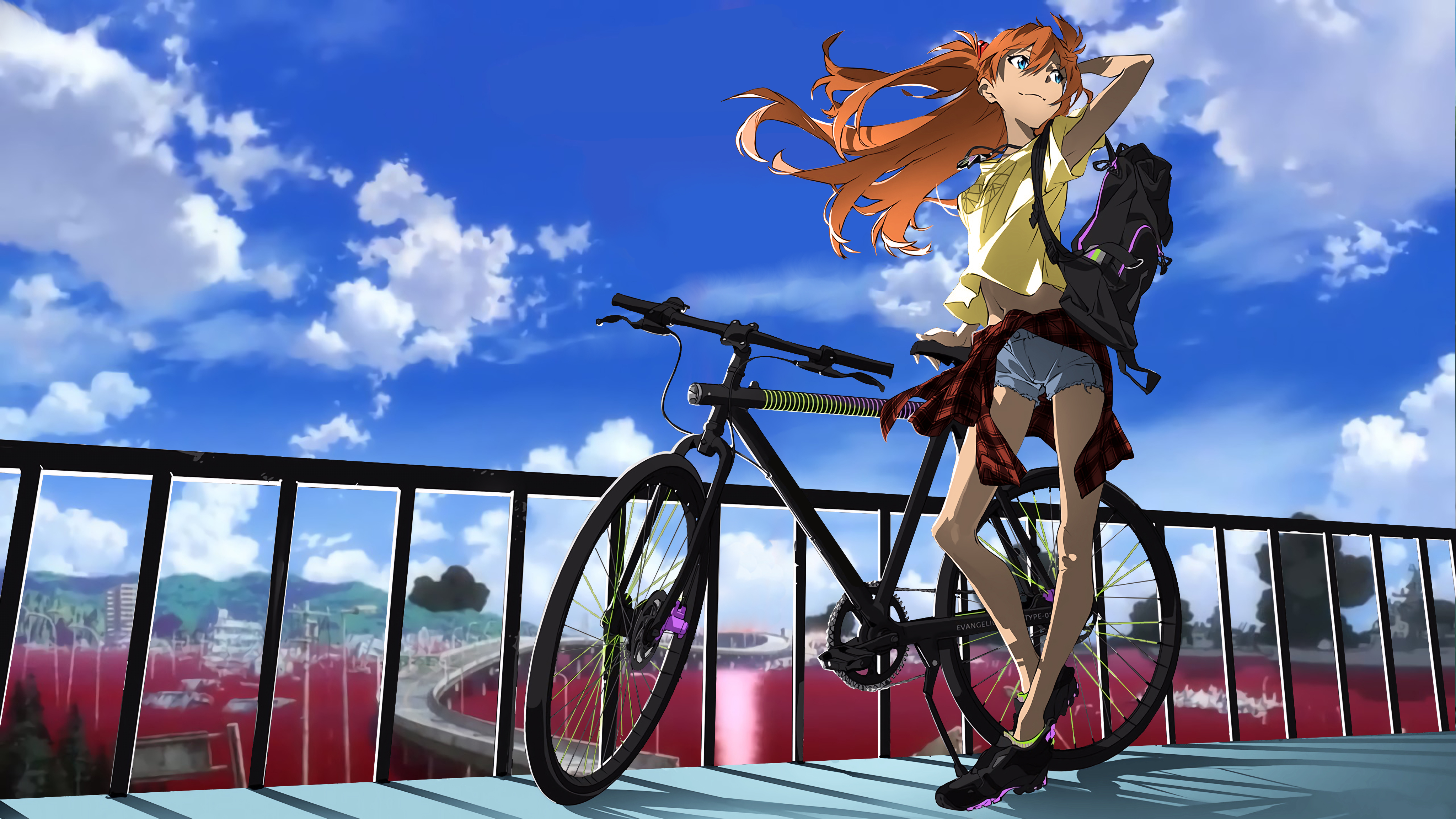 Anime 4096x2304 Asuka Langley Soryu redhead Neon Genesis Evangelion jean shorts backpacks bicycle railing long hair blue eyes sky Streetwear