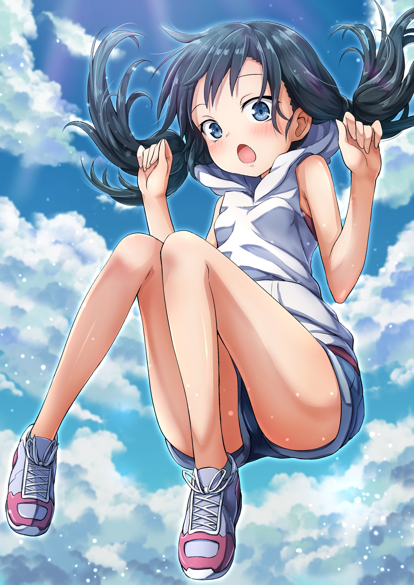 Anime 1360x1920 anime anime girls Tenki no Ko bare shoulders black hair blue eyes clouds portrait display