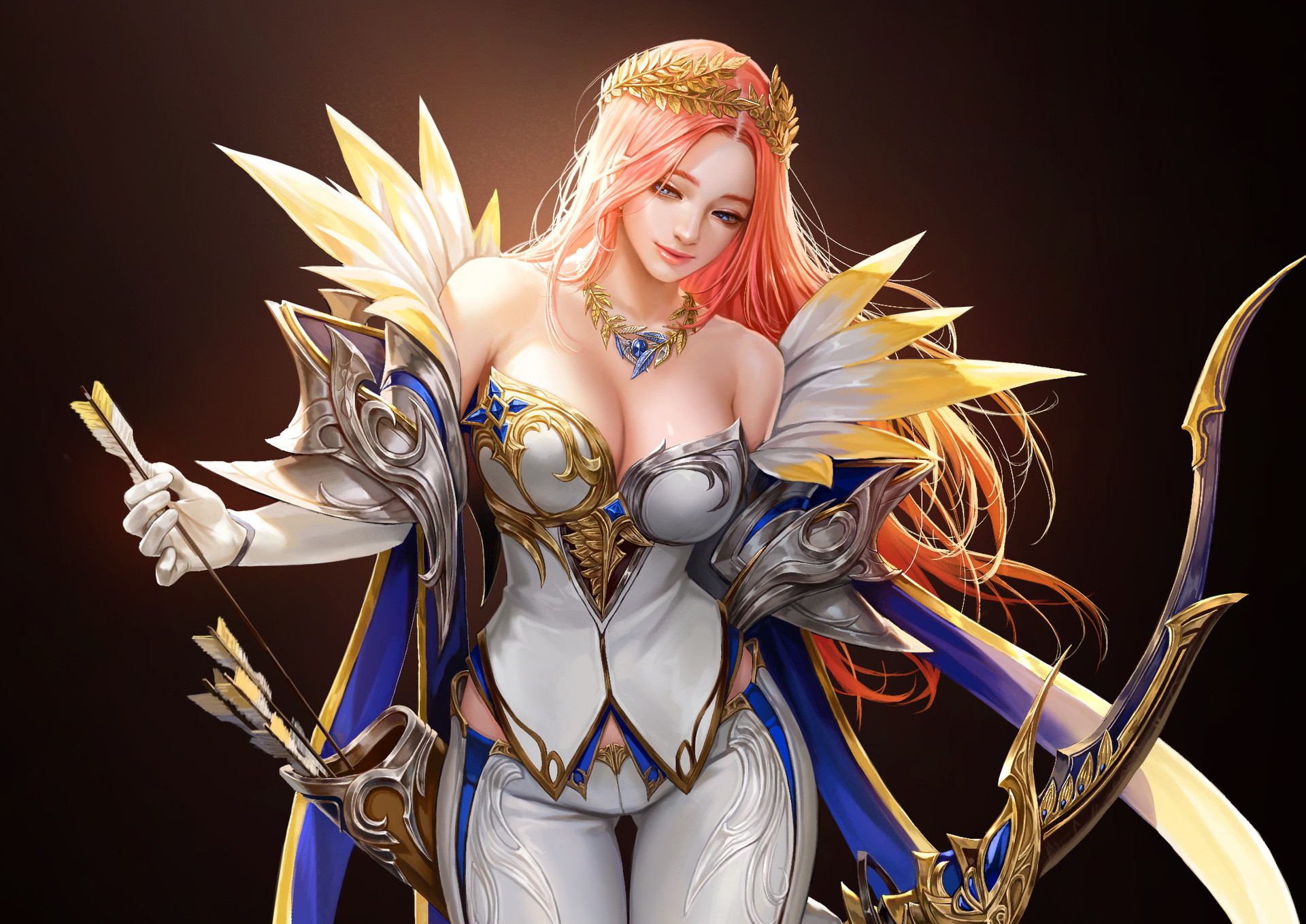 General 1920x1358 TaeKwon Kim drawing women redhead long hair wind blue eyes bright hair accessories crown jewelry necklace dress armor cleavage archer weapon bow arrows quiver simple background