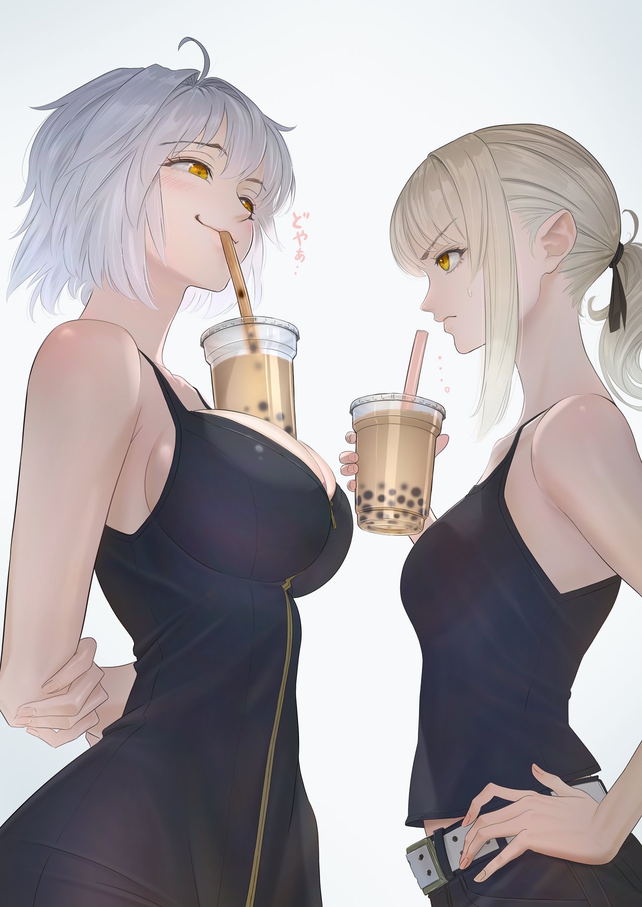 Anime 1275x1800 Fate series Fate/Grand Order anime girls long hair short hair gray hair cleavage 2D smiling small boobs big boobs Jeanne d'Arc (Fate) Jeanne (Alter) (Fate/Grand Order) Saber Alter ecchi curvy ponytail no bra humor drinking black ribbons tight clothing simple background angry blushing arm(s) behind back kanji yellow eyes portrait display fan art sideboob I_MI_ZU dress tank top blonde smug face Artoria Pendragon low-angle