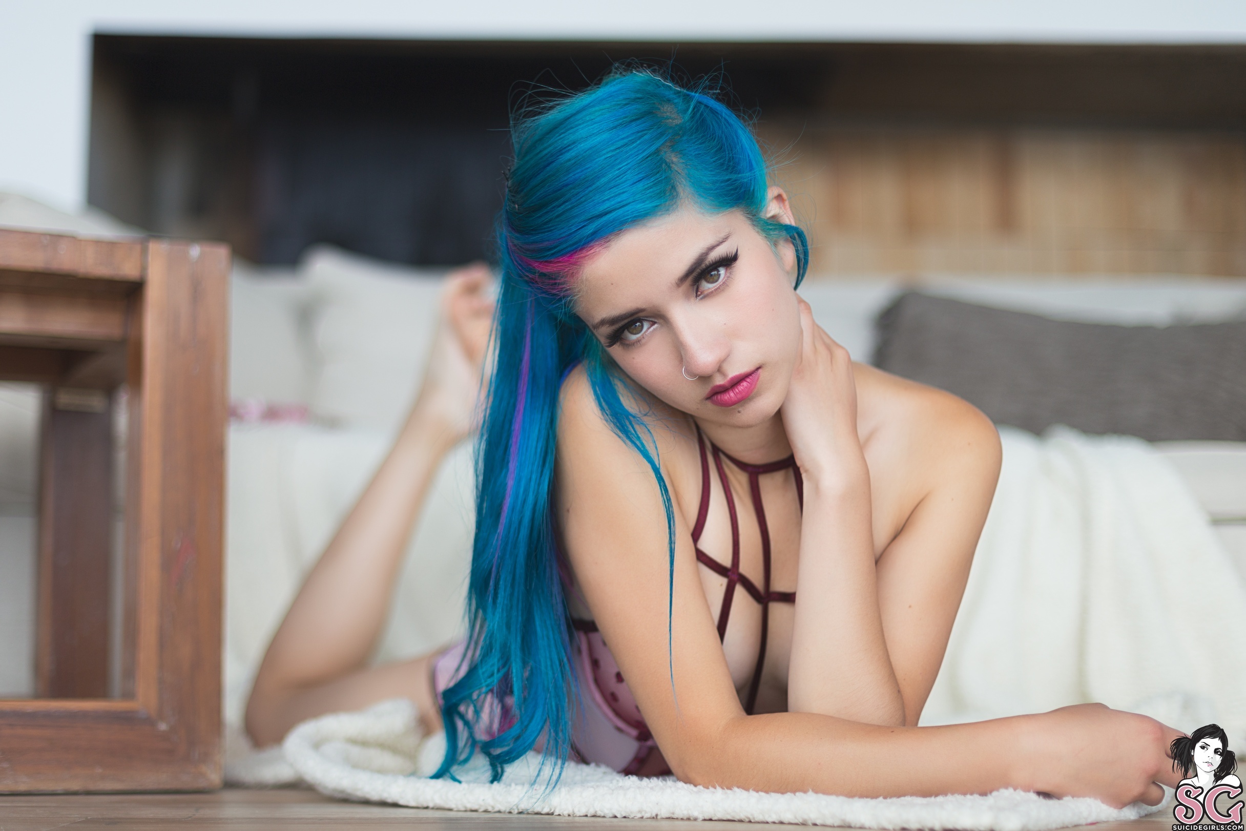 People 2432x1622 Fay Suicide Suicide Girls blue hair women Latinas Chilean Chilean women model closeup watermarked multi-colored hair