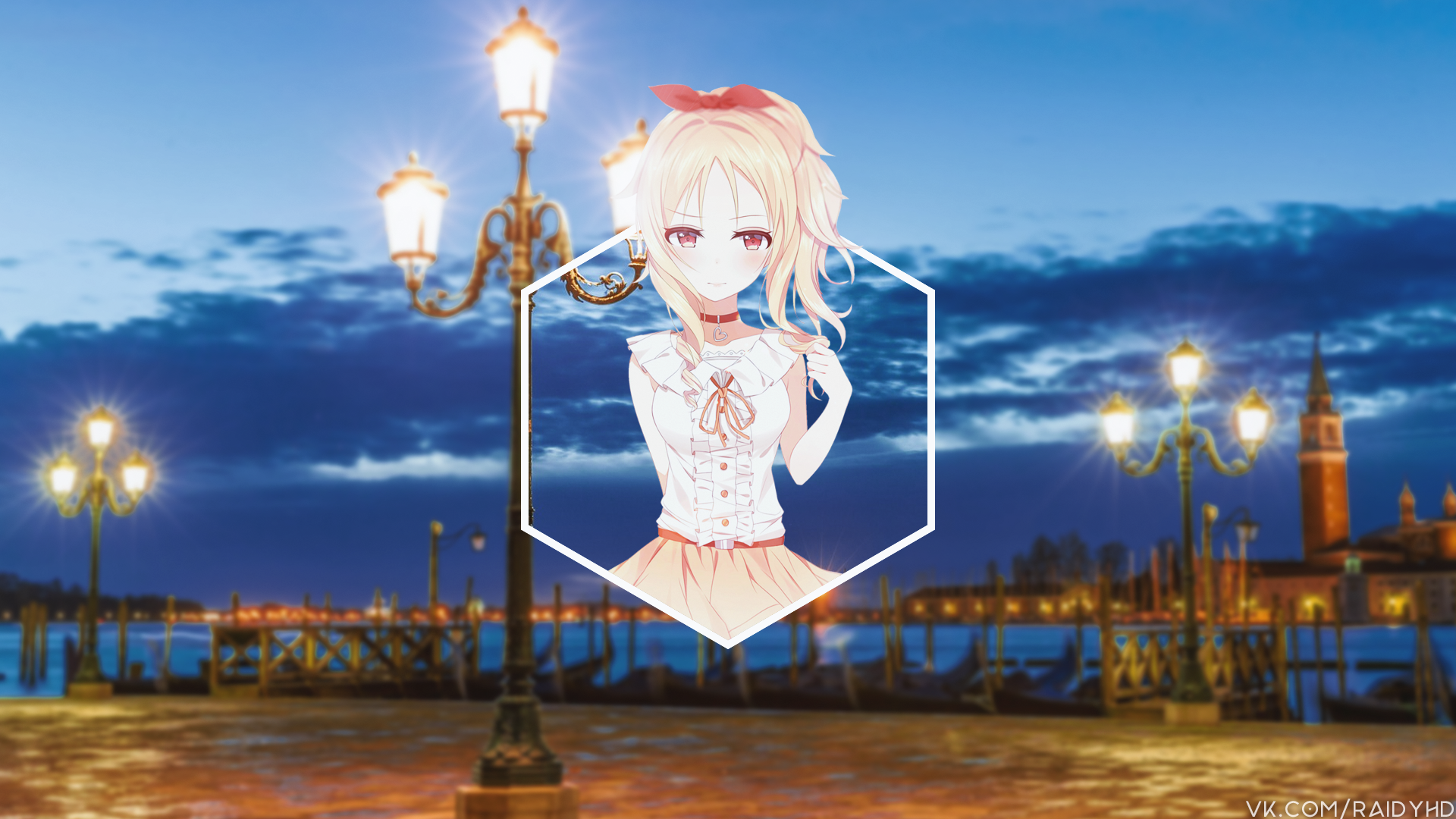 Anime 1920x1080 anime anime girls picture-in-picture Venice Italy red eyes blonde dress looking at viewer lantern sky hairband