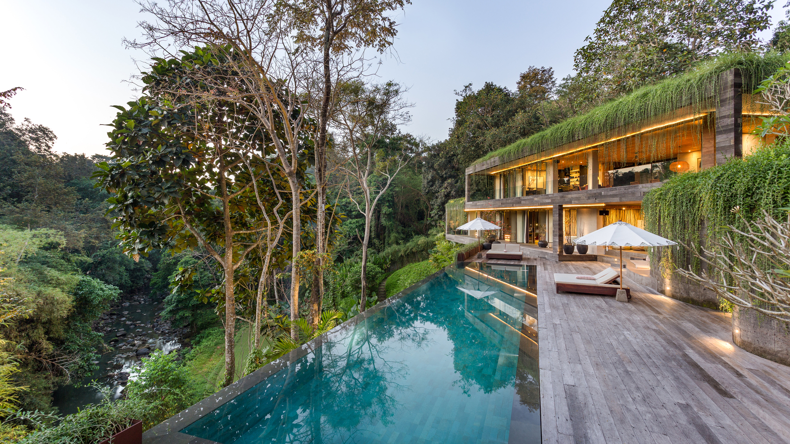 General 1582x890 architecture swimming pool house Indonesia trees reflection Bali jungle infinity edge pool