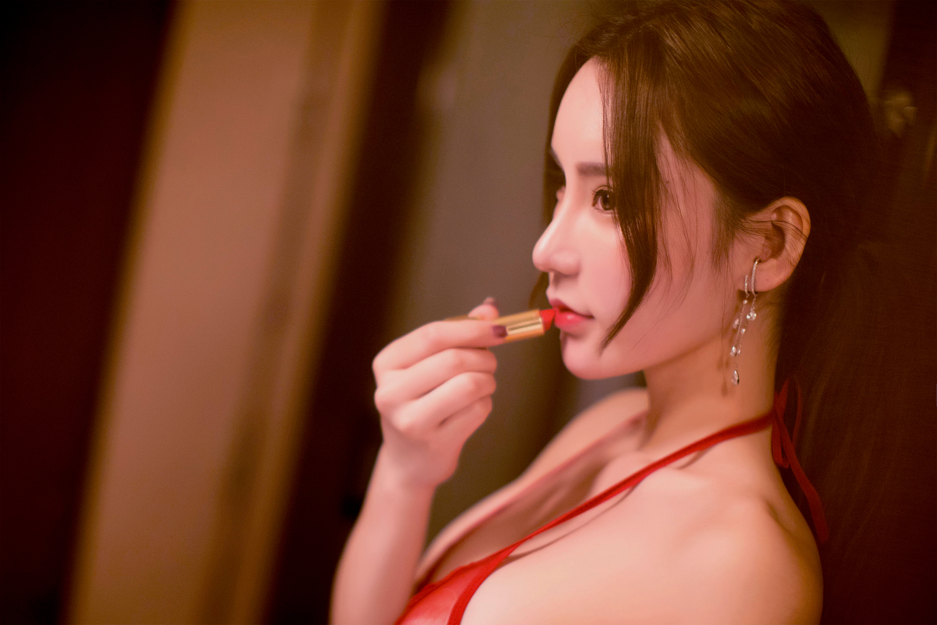 People 3000x2000 Asian women indoors red bikini ponytail Xiuren red lipstick long hair makeup looking away Zhou Yuxi women