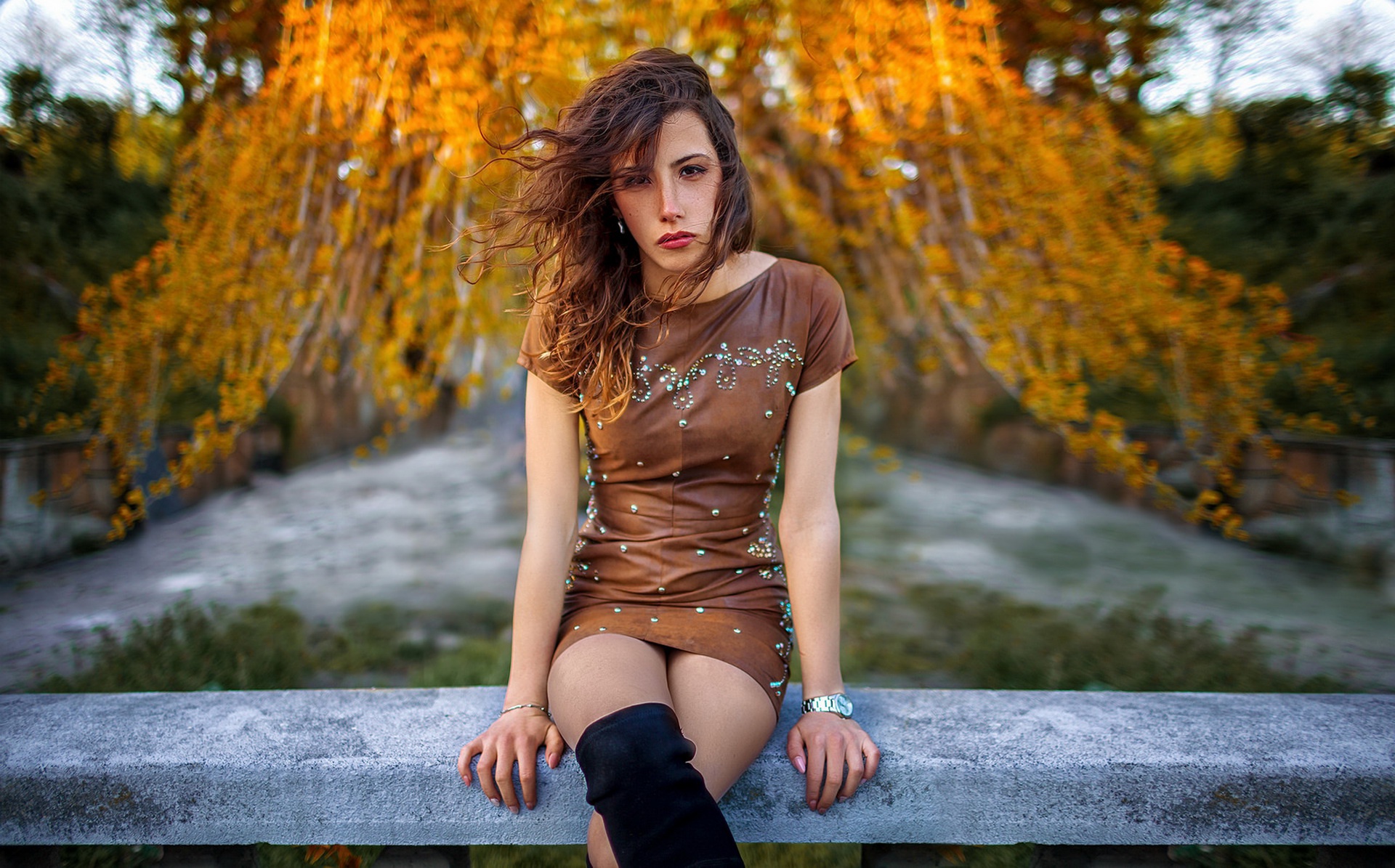 People 1920x1195 women sitting women outdoors minidress looking at viewer legs crossed brunette windy thigh high boots brown dress