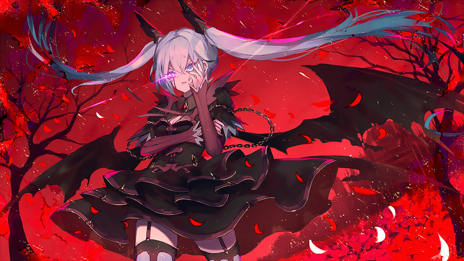 Anime 1920x1080 twintails wings glowing eyes gothic lolita red background Hatsune Miku Vocaloid anime anime girls red