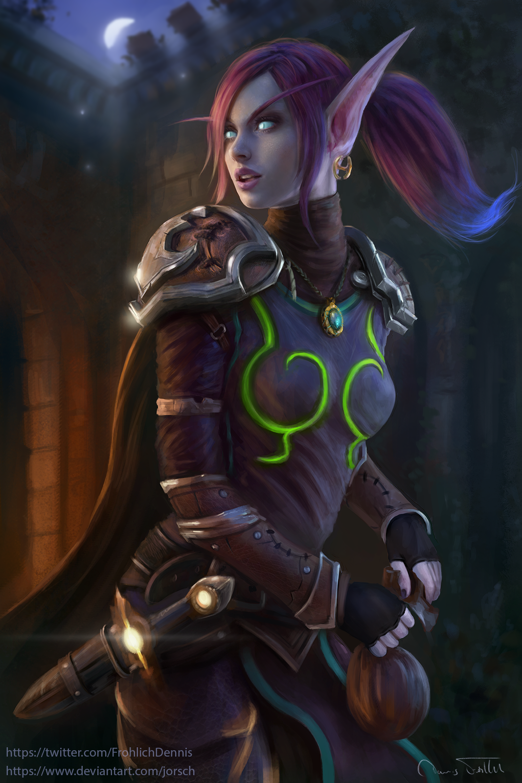 General 1067x1600 Jorsch drawing Warcraft blood elves women redhead ponytail rogue dagger night Moon World of Warcraft