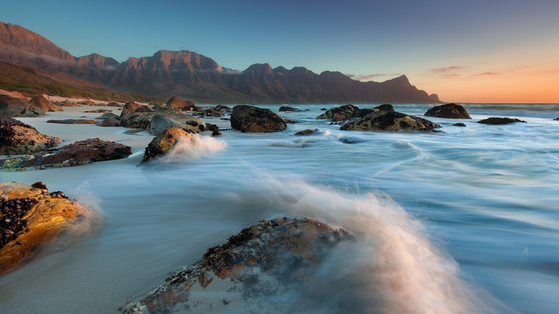 General 1920x1080 nature landscape mountains rocks sand water waves long exposure coast sunset South Africa