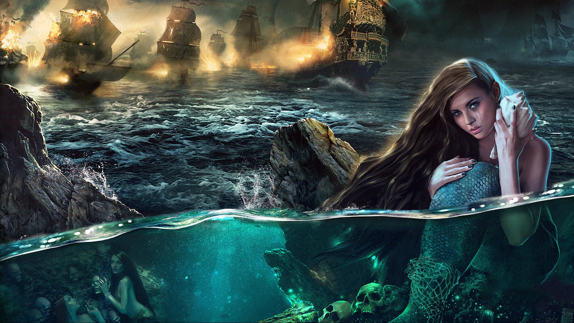General 1920x1080 artwork fantasy girl fantasy art long hair mermaids battle ship sailing ship underwater skull digital art