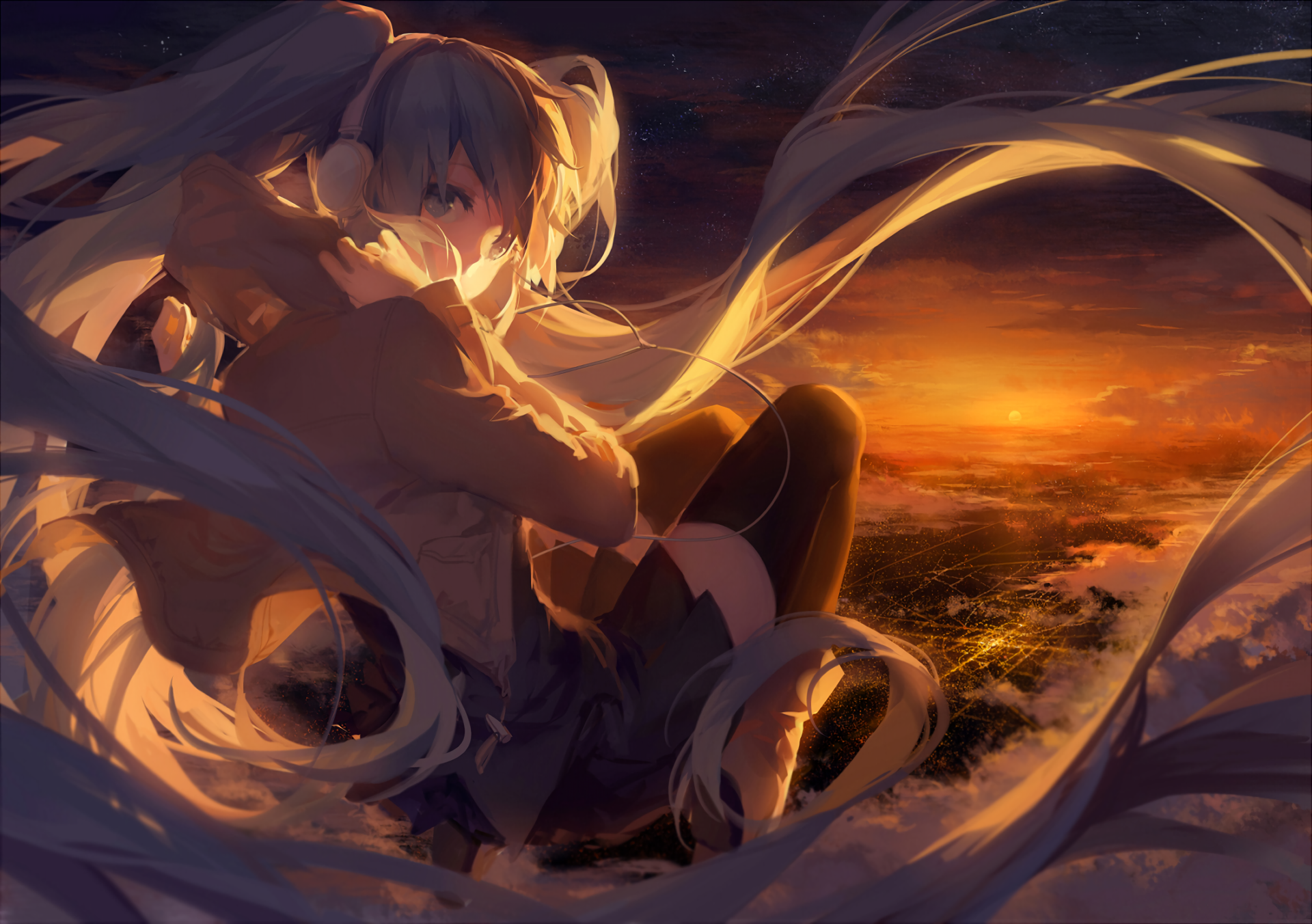 Anime 1920x1352 anime legs together sunset looking at viewer headphones hair blowing in the wind long hair coats starry night clouds black socks  Vocaloid Hatsune Miku city covered mouth floating cityscape twintails anime girls artwork rella