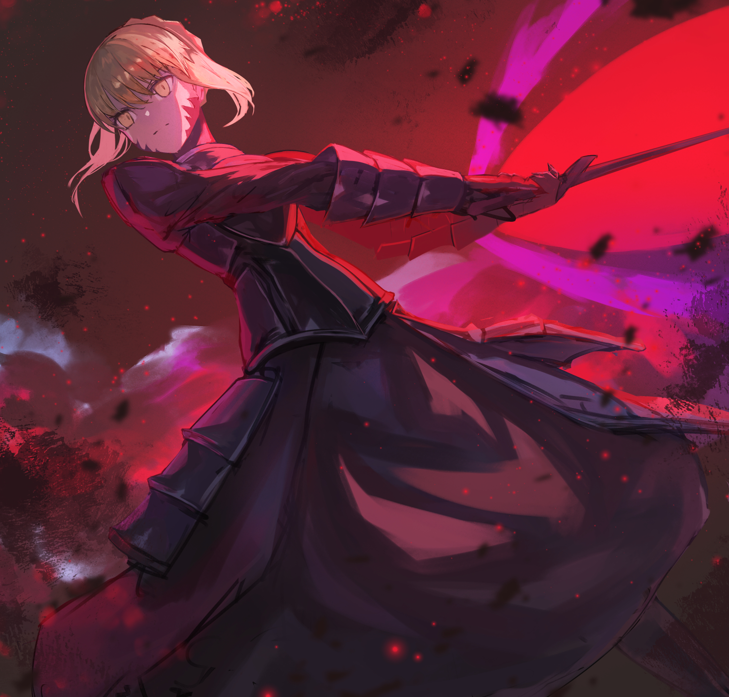 Anime 1500x1433 Fate series Fate/Stay Night fate/stay night: heaven's feel 2D anime girls female warrior long hair black dress armor women with swords Excalibur low-angle curvy Saber Alter yellow eyes fan art black armor Artoria Pendragon